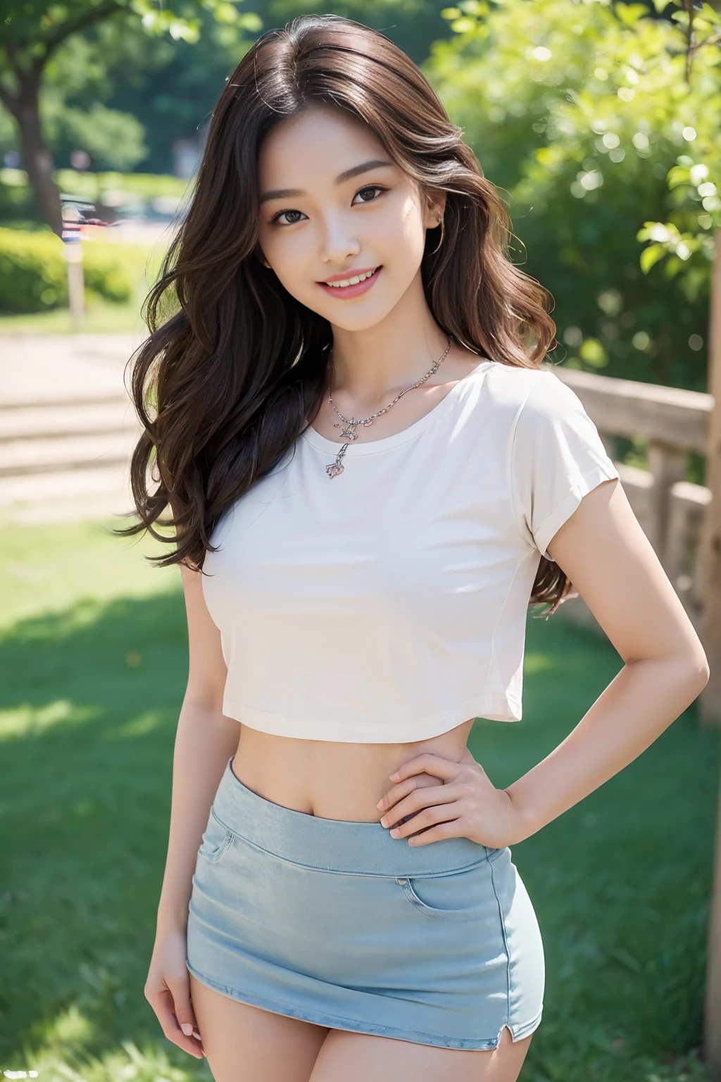 (masterpiece:1.3), High resolution, Super detailed, Very detailed, CG, Unity, 8k wallpaper, Realistic, photo-Realistic, RAW Photos, Raw photo, (8K, highest quality, masterpiece:1.2), (Photorealistic:1.4), Beautifully detailed face, Perfect and beautiful face, Beautiful and elaborate face, Accurate, Very detailed顔と肌の質感, Surface Details, Detailed hair texture, Perfect body, (Fair skin:1.2), Fine grain, Beautiful eyes in every detail, Slim face and figure, Big eyes, (Glossy Lips, Natural color lip:1.4), ((A sexy, sensual smile, A charming, sexy smile:1.4)), ((pretty girl, Random hairstyle:1.4)), ((She wore a tight T-shirt and a tight mini skirt.、Generate cute and sexy girl images。Girl has long wavy hair、Big, bright eyes、And has a seductive smile。The T-shirts are randomly arranged so that the body lines can be clearly seen.、 should be short and tight, accentuating thighs and buttocks.。The pose is with one hand on the hip、Playfully touching her other hand to her lips、Arch your back a little to accentuate your curves。The background is a sunny park、There is green grass and blooming flowers.、Give it a fresh and vibrant feel。Add accessories such as small necklaces and bracelets、Enhance her look。Make sure your thighs and buttocks are especially emphasized.:1.4)), (Staring at the audience:1.3), ((Sexy shot of the camera, Bold sexy pose:1.3)), (Detailed Background:1.2), Perfect dynamic composition