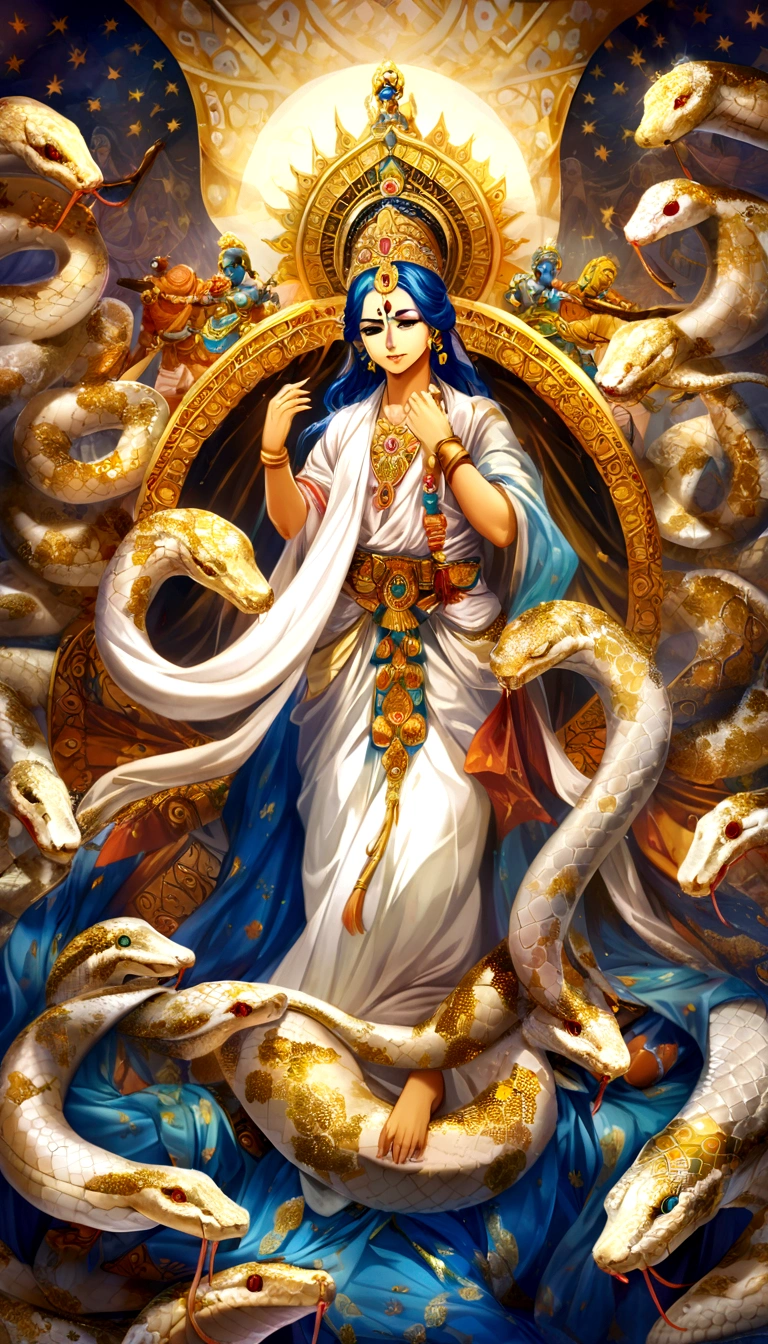 (((snake))) best quality, Ultra-high resolution, Detailed 4K CG, Main part, Krishna, Hindu God,白snake, indian mythology,((To the snake)), Hindu image , Aesthetic, Screen-centric