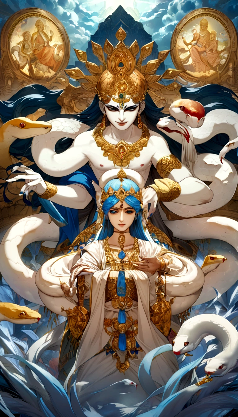 (((snake))) best quality, Ultra-high resolution, Detailed 4K CG, Main part, Krishna, Hindu God,白snake, indian mythology,((To the snake)), Hindu image , Aesthetic, Screen-centric