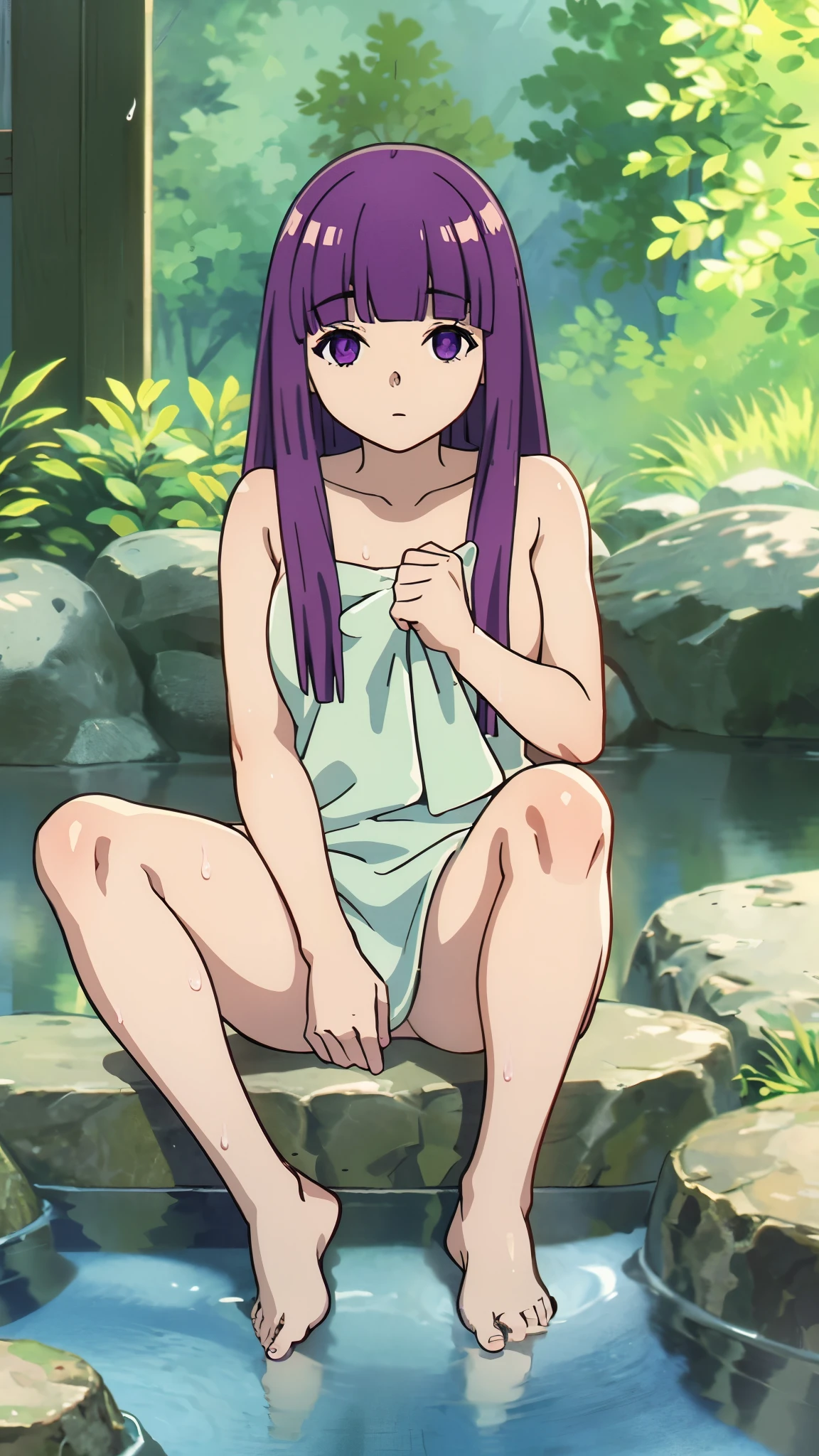 1girl, fern, long hair, hair ornaments, ((naked)) wet, towel, ((nude)), bathing, hot spring, sitting, ((knee up)), ((spread legs)), looking at viewer, ((masterpiece)), best quality, high detailed illustration, high detailed background, hi-res