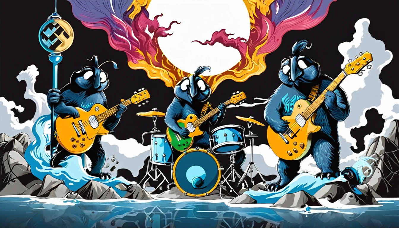 Masterpiece; three happy creatures; Guitars (golden Les Paul) and drums in a small science lab, complete with speakers and glass flasks of chemistry, embody the resilience and tenacity of the scientific community, infused with a bold graphic allure that enlivens the spirit of science. The design penetrates layers of depth, integrating the raw essence and vibrant cores of Rio de Janeiro culture. Brushstrokes that incorporate the fluid energy of graffiti on guitars and acoustic guitars weave around dynamic geometric shapes, adorning the laboratories with an evocative masterpiece that speaks to the heart of the intersection between two diverse worlds. Majestically rendered in high definition and vibrant color, every detail bursts with life, inviting viewers to marvel at the beauty that; by Leonardo Da Vinci