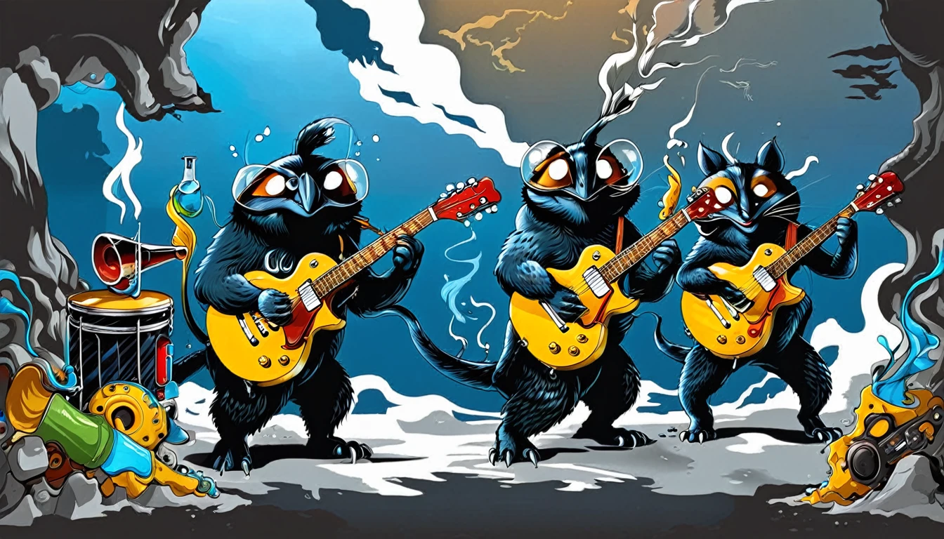 Masterpiece; three happy creatures; Guitars (golden Les Paul) and drums in a small science lab, complete with speakers and glass flasks of chemistry, embody the resilience and tenacity of the scientific community, infused with a bold graphic allure that enlivens the spirit of science. The design penetrates layers of depth, integrating the raw essence and vibrant cores of Rio de Janeiro culture. Brushstrokes that incorporate the fluid energy of graffiti on guitars and acoustic guitars weave around dynamic geometric shapes, adorning the laboratories with an evocative masterpiece that speaks to the heart of the intersection between two diverse worlds. Majestically rendered in high definition and vibrant color, every detail bursts with life, inviting viewers to marvel at the beauty that; by Leonardo Da Vinci