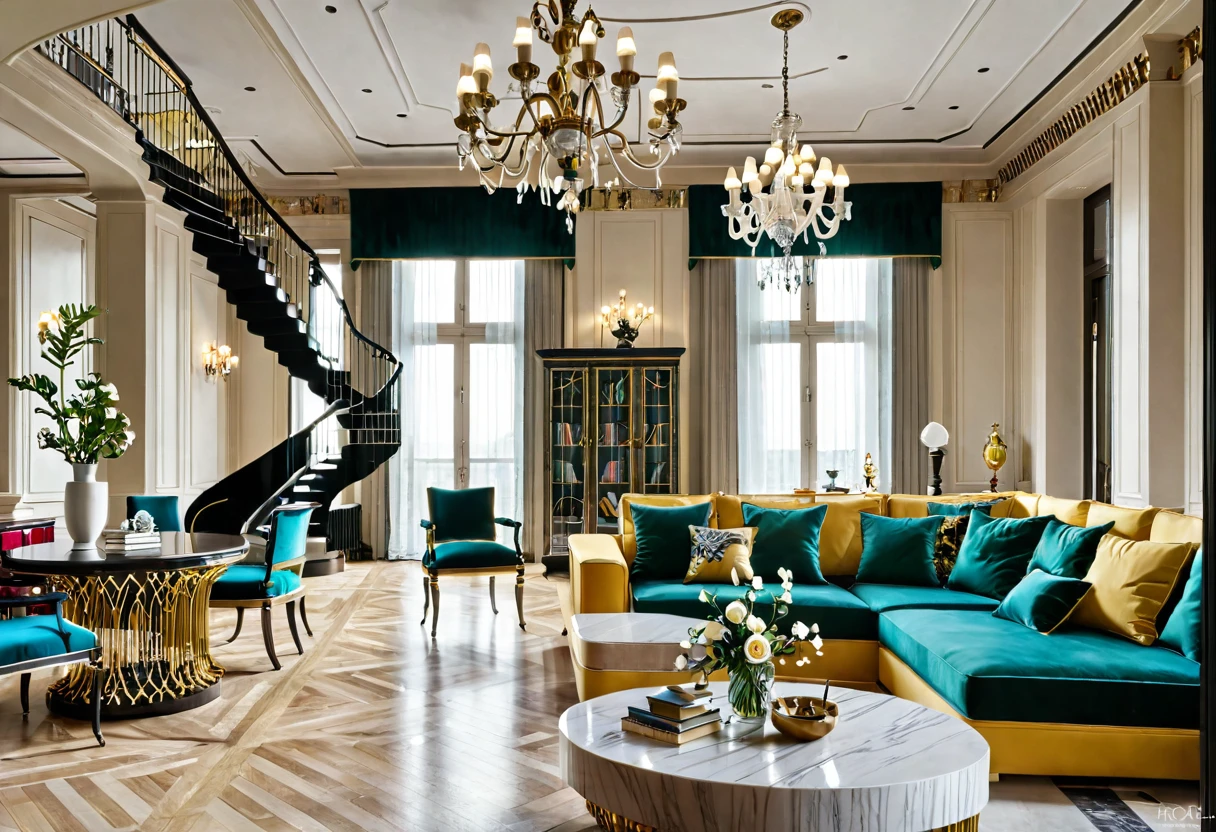 a view of a living room with a couch, chairs, and a chandelier, highly detailed interior, neo - classical style, neoclassical style, neoclassicism style, interior architecture view, interior living room, royal interior, classicism artstyle, library in the style of baroque, classicism style, realistic art deco, tall ceiling, detailed set design, high ceiling