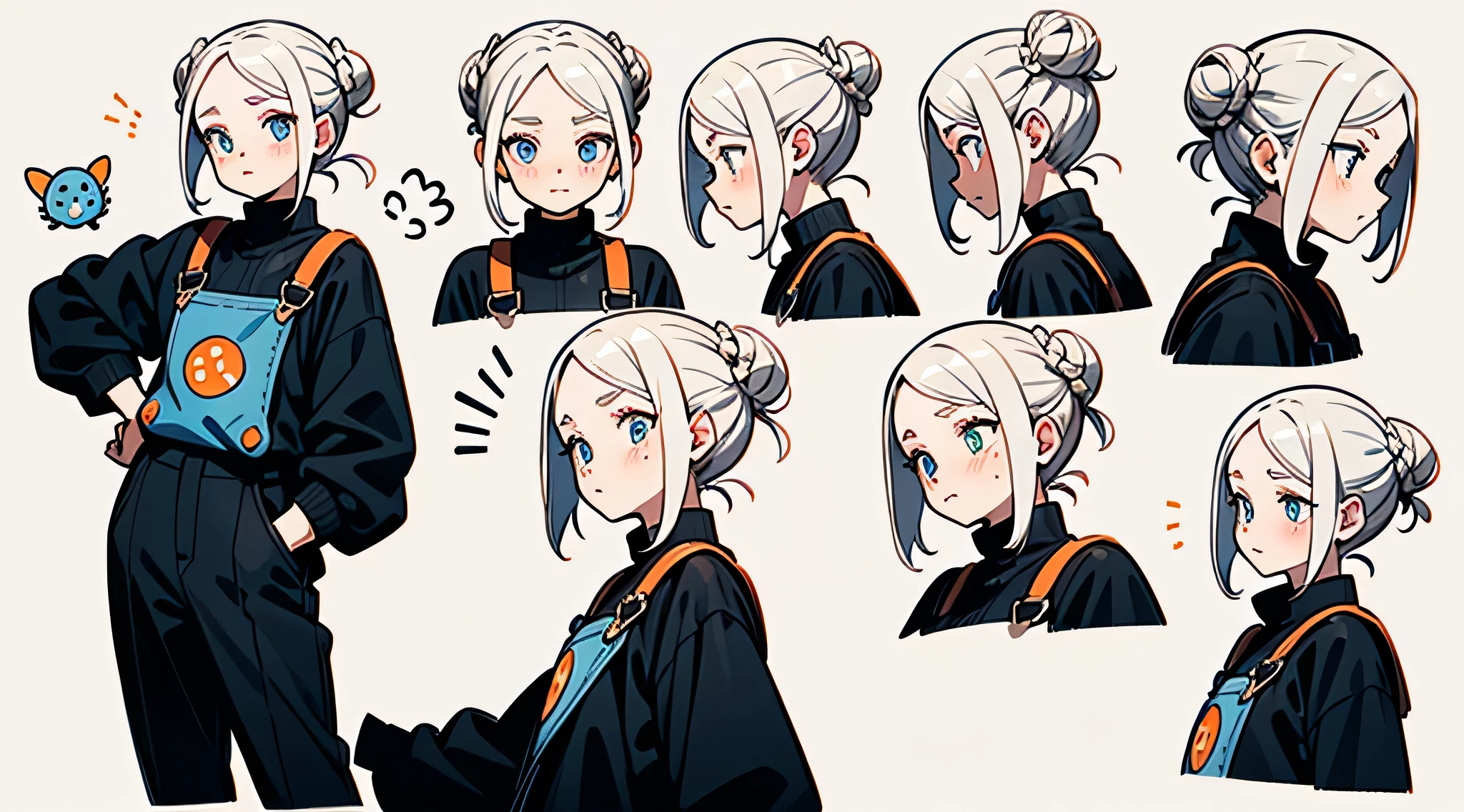 21 years old, White-haired girl, armpit hair length((Bun hairstyle)) white hair,Bright and clear eyes, short hair, Fantasy novels, whole body, Blue freckles on face,White background, Front view, side view, Rear view, concept art, Magic character design, white hair,Bright and clear eyes, short hair, Fantasy novels, whole body, Freckles on the face, Black overalls skirt multiple views, 星shoe, Magic Shoes, shoe, Solid color background, slope,