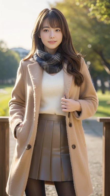 looking viewer, Holding a Japanese cat. Japanese girl , 16 year old ,(middle hair, brown hair, fringe, little smiling),(middle breasts, slender whist, middle hip, public hair) ,(coat:1.3), jacket, long sleeves, pleated skirt, scarf, pantyhose
, standing, front view, down sun lighting (masterpiece, highest quality, Very detailed, Ultra-high resolution, (photopractical:1.4), Original photo, (practical:0.2), 8K HDR,)