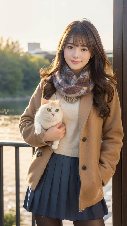 looking viewer, Holding a Japanese cat. Japanese girl , ,(middle hair, brown hair, fringe, little smiling),(middle breasts, slender whist, middle hip, public hair) ,(coat:1.3), jacket, long sleeves, pleated skirt, scarf, pantyhose
, standing, front view, down sun lighting (masterpiece, highest quality, Very detailed, Ultra-high resolution, (photopractical:1.4), Original photo, (practical:0.2), 8K HDR,)