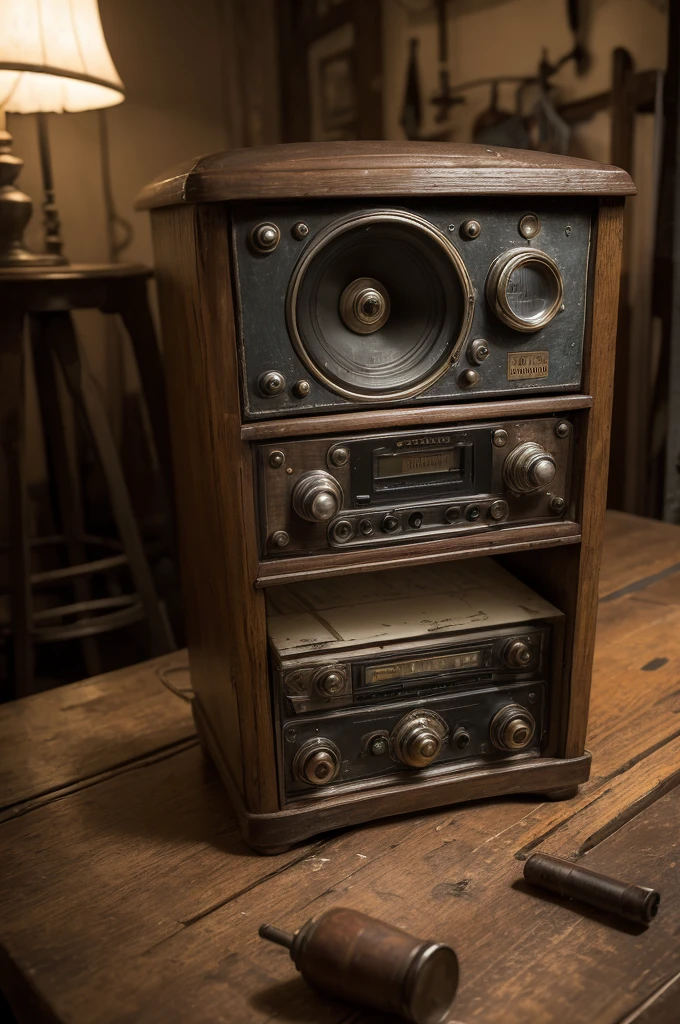 ((best quality)), ((masterpiece)), (detailed), perfect face An old popular radio from the 50s with a wealth of details, sujo, quebrado, sujo e mal cuidado, on an old, dirty table in a dark, dreary environment on a cloudy Sunday afternoon