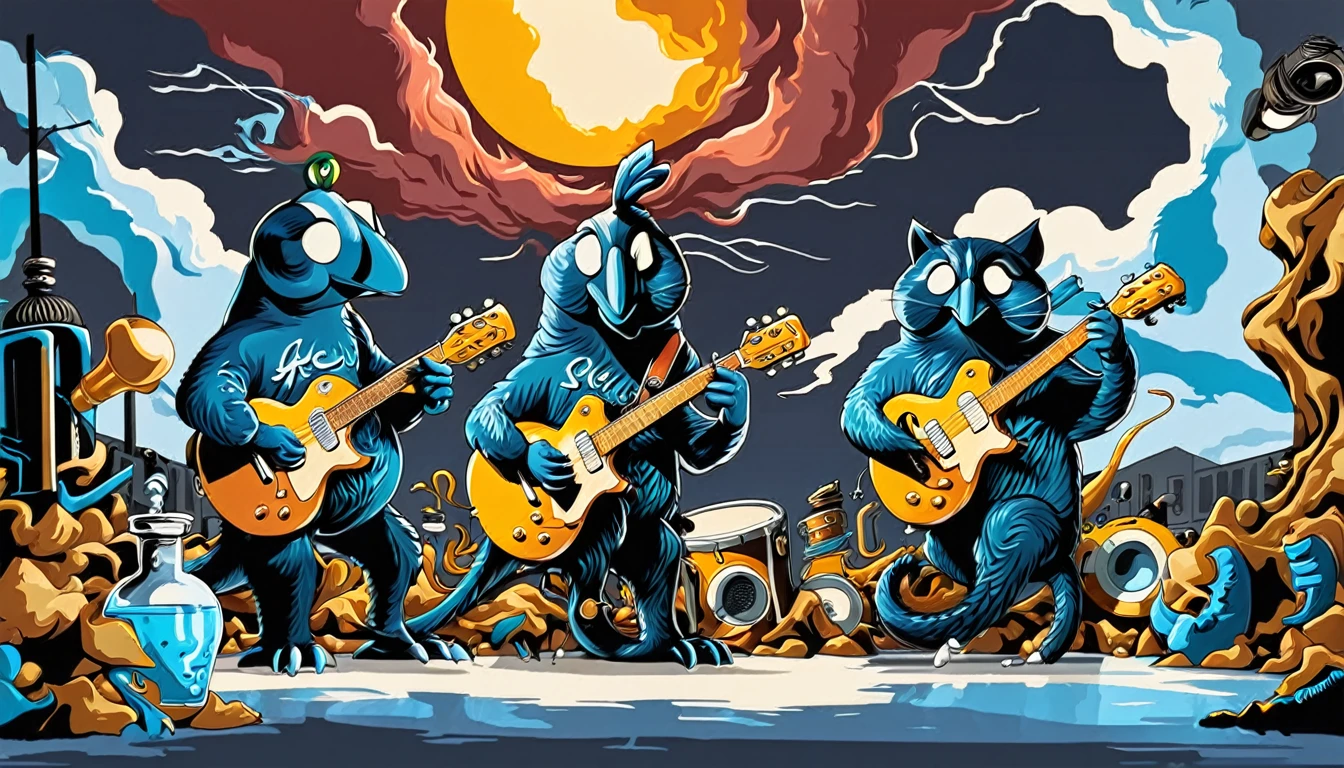 Masterpiece three happy creatures; Guitars (golden Les Paul) and drums in a small science lab, complete with speakers and glass flasks of chemistry, embody the resilience and tenacity of the scientific community, infused with a bold graphic allure that enlivens the spirit of science. The design penetrates layers of depth, integrating the raw essence and vibrant cores of Rio de Janeiro culture. Brushstrokes that incorporate the fluid energy of graffiti on guitars and acoustic guitars weave around dynamic geometric shapes, adorning the laboratories with an evocative masterpiece that speaks to the heart of the intersection between two diverse worlds. Majestically rendered in high definition and vibrant color, every detail bursts with life, inviting viewers to marvel at the beauty that; by Picasso