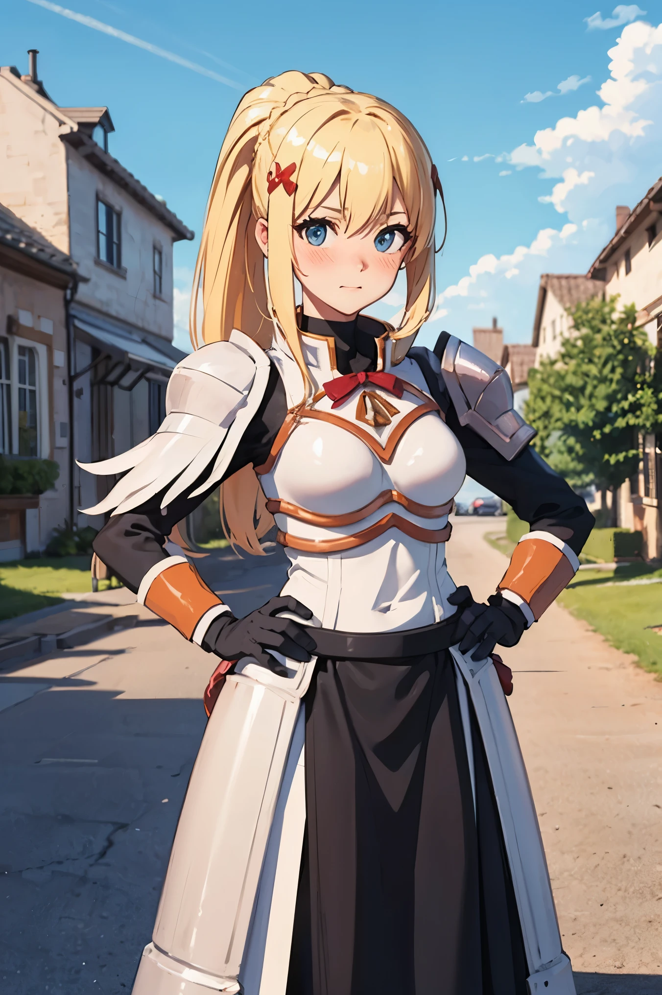 masterpiece, Highest image quality, ultra high resolution, blonde hair, long hair with pony tail, hair ornament, armor, knight, city background, medieval, village, old houses, hands on hips, facing the viewer, looking at the viewer, blushing, red face