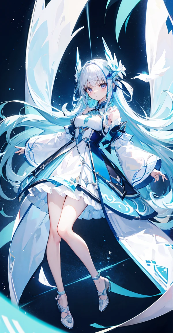 White long hair、Light blue inner color(Pieces fly), (highest quality), Very detailed, ((1 girl)), Solo full body shot，Audience&#39;Perspective，Low Angle，dynamic，Jump，(Big smile)，Wink，Perfect Face, Beautiful Face, Very detailedな顔，((Long white hair_blue eyes:1.3))，Light blue inner color、Gorgeous idol costumes，Idle only，hair ornaments，Concert Dome，live，Holding a microphone，sing，Laugh with your mouth wide open，Laser light，Spotlight，Lots of confetti