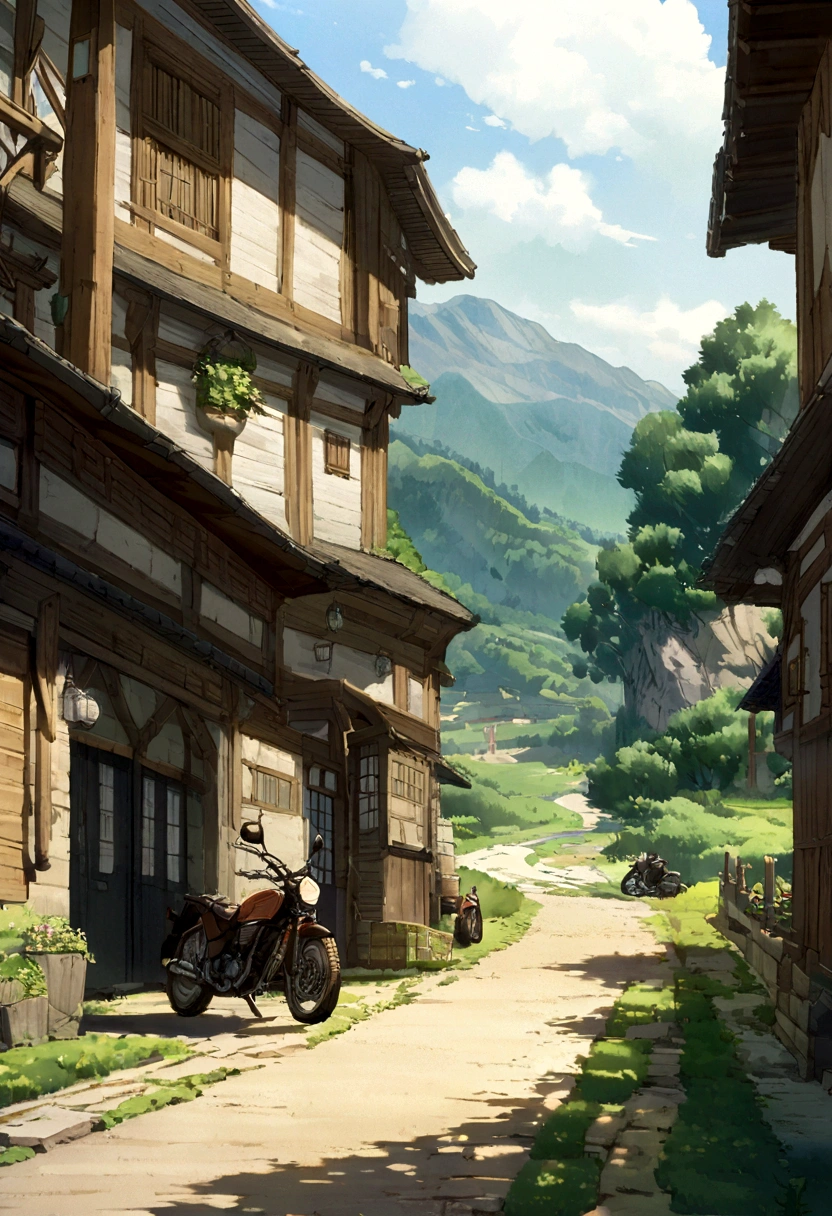 there is a motorcycle parked on the side of a road, style of makoto shinkai, ( ( makoto shinkai ) ), in style of makoto shinkai, by Makoto Shinkai, by makoto shinkai, anime countryside landscape, scenery artwork, studio glibly makoto shinkai, mokoto shinkai, makoto shinkai!