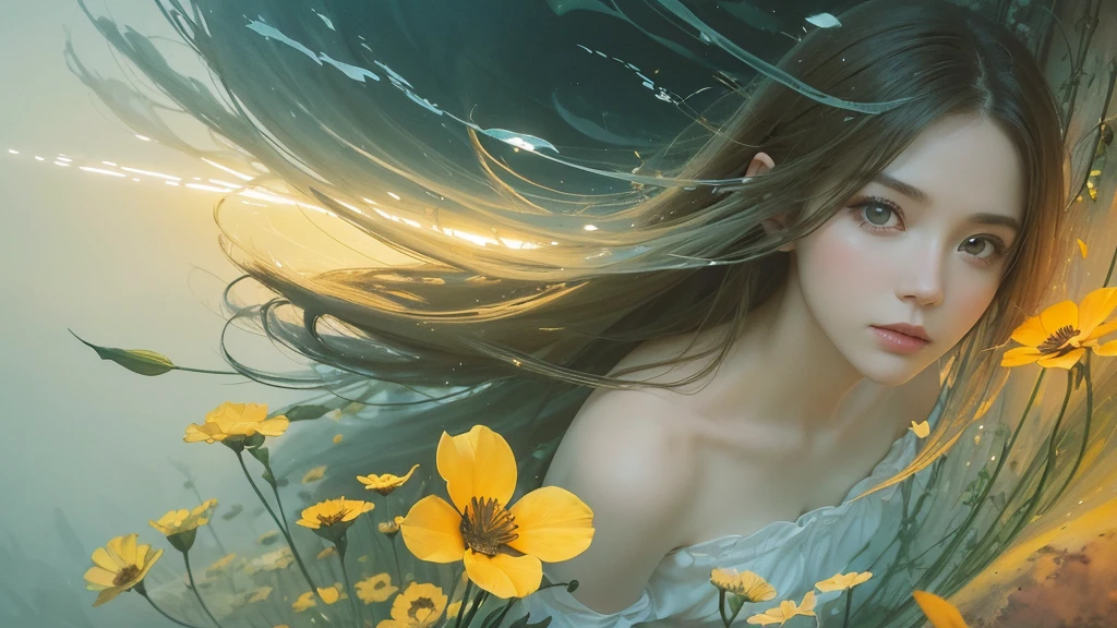 32k, Masterpiece, highest quality, One girl, Detailed eyes, flower,Sandersonia, Yellow and white style,A dreamy, romantic piece,Pale orange, Mysterious Leaves,A playful arrangement,Fantasy,High Contrast,Ink strokes,explosion,Exposure, Impression of yellow and white tones,Abstract,((Watercolours by John Berkey and Jeremy Mann )) Brush strokes,Negative Space, Tyndall effect,