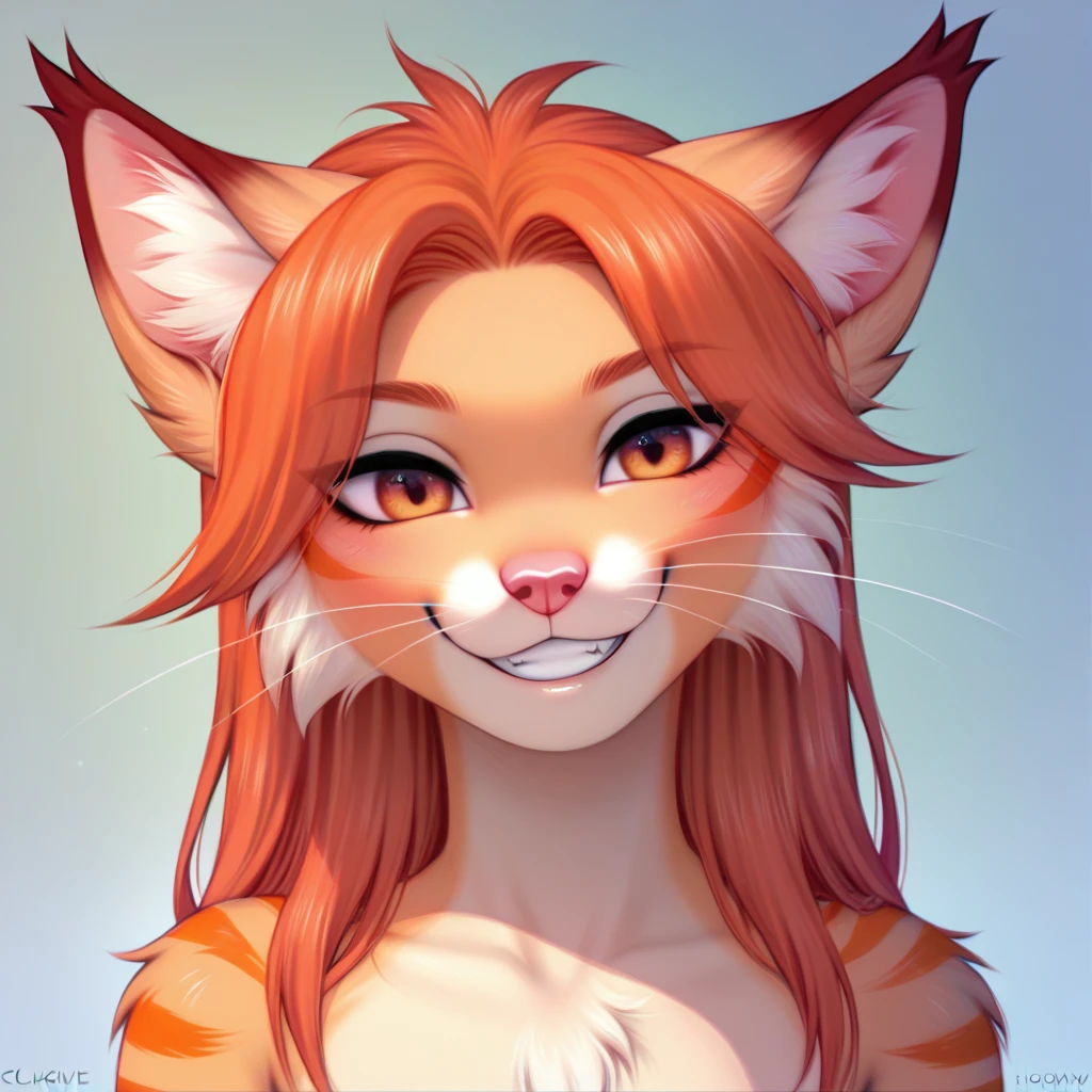 by hyattlen, by fumiko, by claweddrip, a feminine ginger tabby, feline, cat, orange fur, orange stripes, male, cute snout, pink nose, ginger hair, long hair, hair swept back, hazel eyes, whiskers, claws, boyish smile, grin, dimples, closed eyes, (kawaii, pose), (by clockhands, by chunie, by honovy), best quality, absurdres, highres, 8k, uhd, intricate details, highly detailed, Clear facial features, digital illustration, realistic shading, outline, detailed lines, detailed linework, proper anatomy
