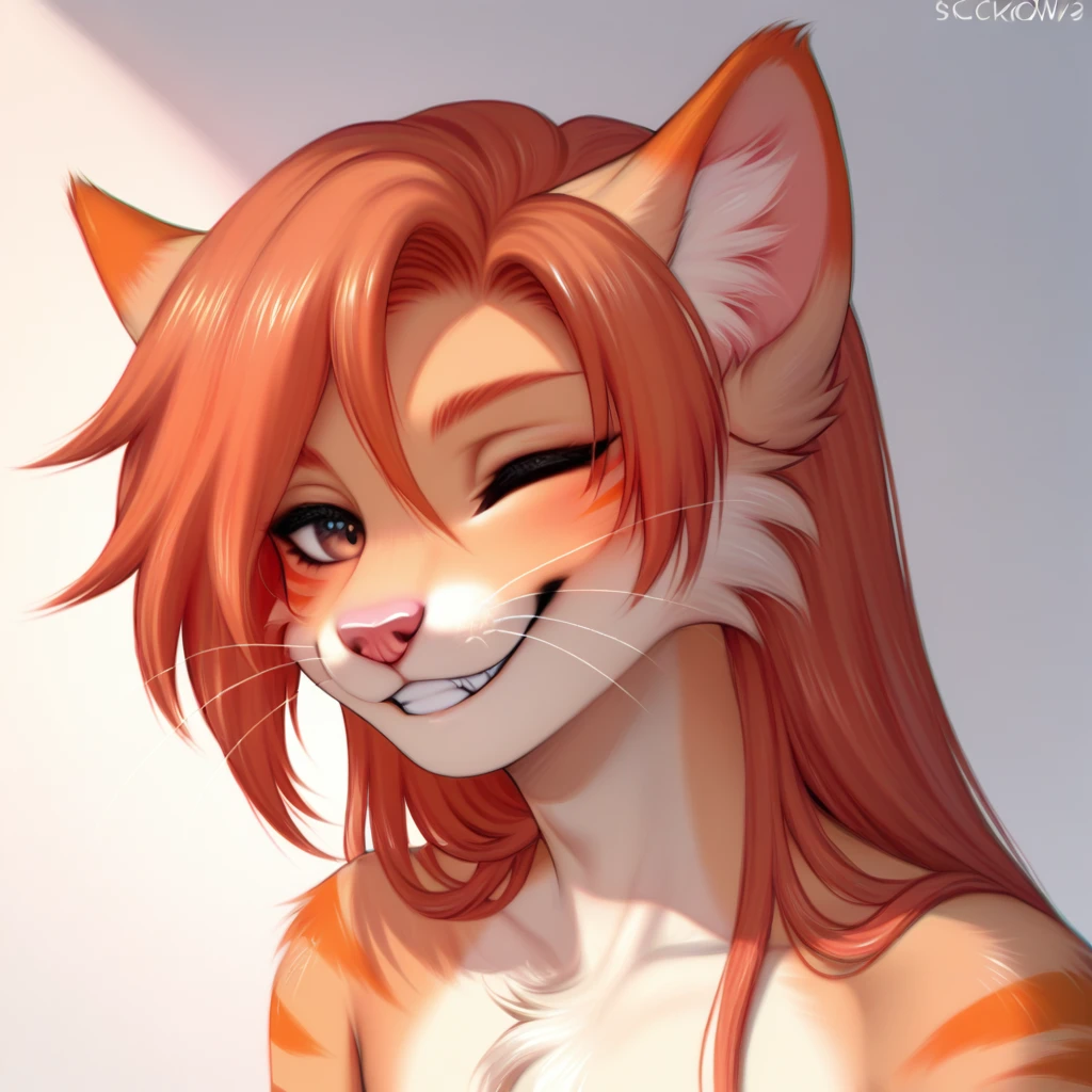 by hyattlen, by fumiko, by claweddrip, a feminine ginger tabby, feline, cat, orange fur, orange stripes, male, cute snout, pink nose, ginger hair, long hair, hair swept back, hazel eyes, whiskers, claws, boyish smile, grin, dimples, closed eyes, (kawaii, pose), (by clockhands, by chunie, by honovy), best quality, absurdres, highres, 8k, uhd, intricate details, highly detailed, Clear facial features, digital illustration, realistic shading, outline, detailed lines, detailed linework, proper anatomy
