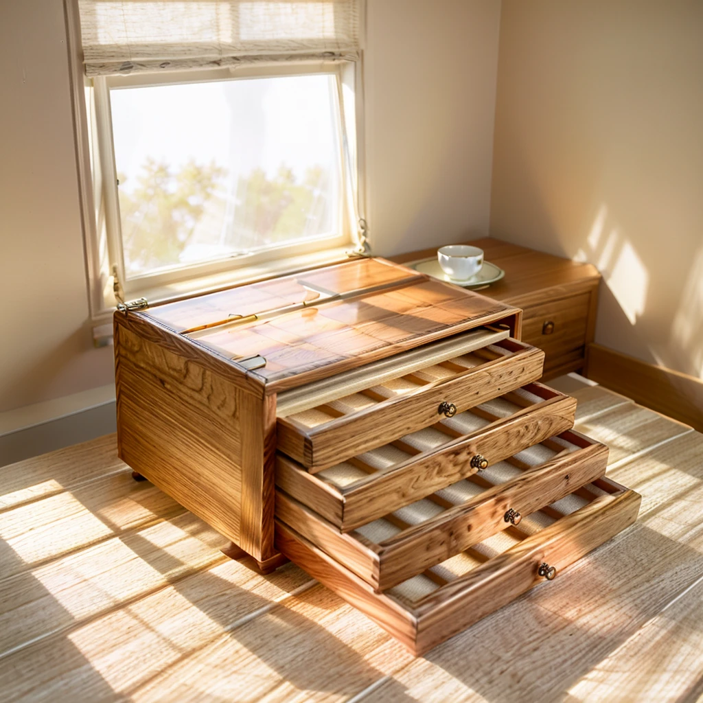 In this cozy room，A ray of sunlight shone through the half-drawn curtains on the table，Let the wood grain on the watch storage box shine with a faint luster。There was a calm and peaceful atmosphere in the air around them。There are several still lifes hanging on the walls of the room，It adds a touch of elegance to the space。And on the other side of the room，The half-open window lets in the breeze，The pages on the small desk by the window turned in the wind，This quiet scene gives a sense of tranquility and comfort。