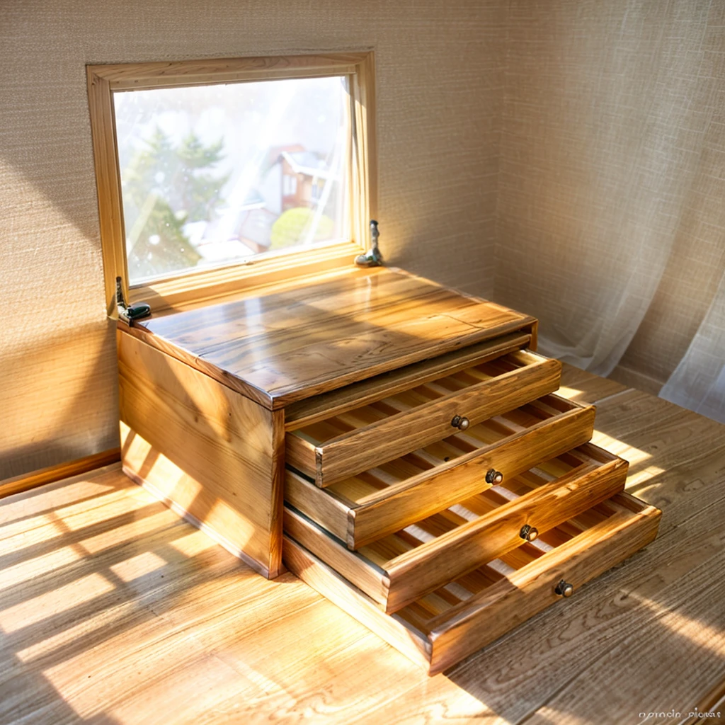 In this cozy room,A ray of sunlight shone through the half-drawn curtains on the table,Let the wood grain on the watch storage box shine with a faint luster。There was a calm and peaceful atmosphere in the air around them。There are several still lifes hanging on the walls of the room,It adds a touch of elegance to the space。And on the other side of the room,The half-open window lets in the breeze,The pages on the small desk by the window turned in the wind,This quiet scene gives a sense of tranquility and comfort。