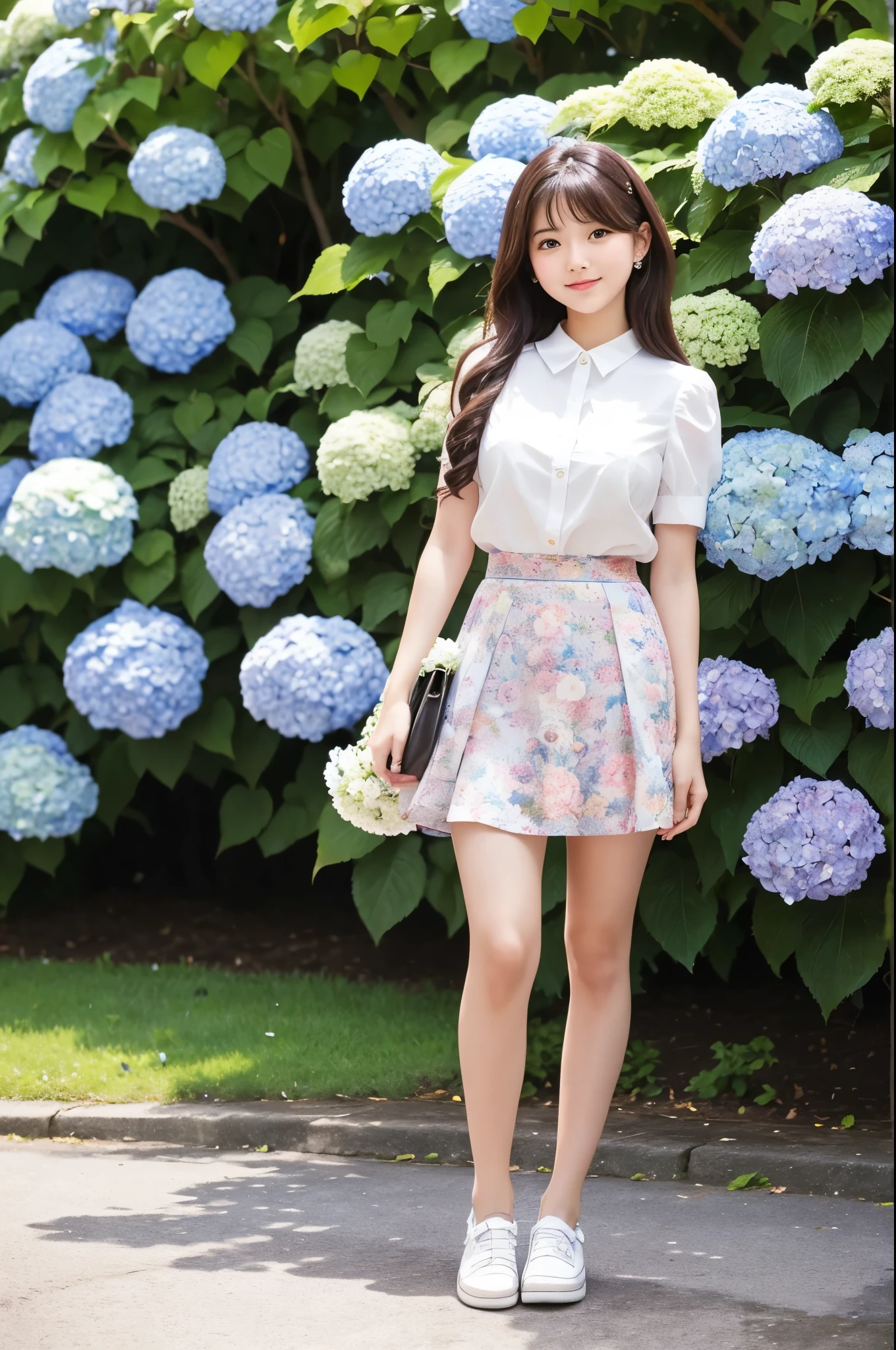 A cute 20-year-old girl standing in a park with hydrangeas in bloom（mini skirt）
