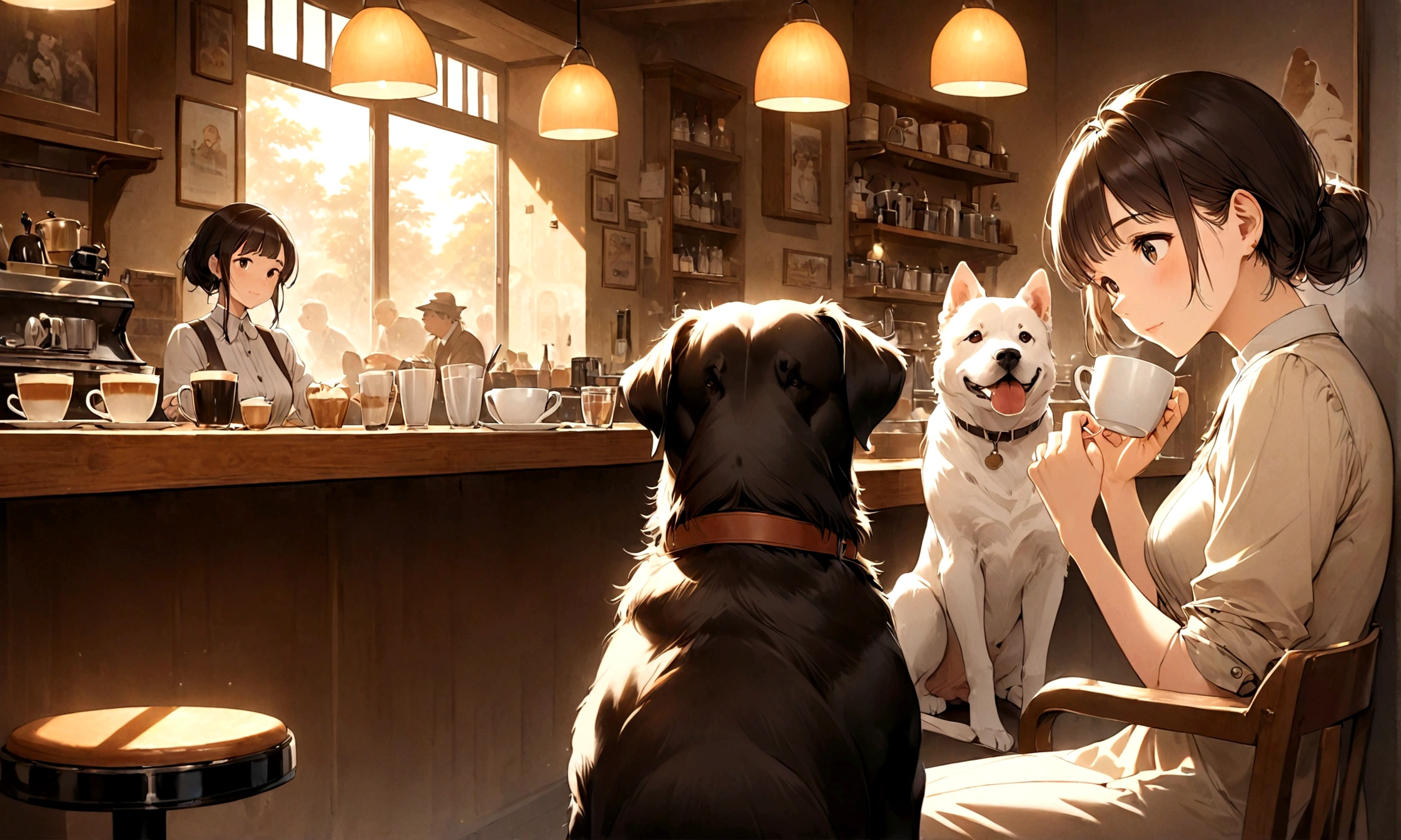 A cozy, retro jazz café with soft lighting and wooden furniture exuding a nostalgic atmosphere. The counter area features live jazz music being played, filling the café with smooth jazz melodies. Seated at the counter, a woman delicately sips from a small coffee cup, enjoying her coffee gracefully. Beside her, a large dog sits calmly, sharing the serene moment with a content expression. The image is rendered in a Ghibli-like style, with soft hues and intricate linework that evoke a warm and inviting ambiance. The woman’s attire and the dog's expressions are finely detailed, adding a sense of endearment to the characters