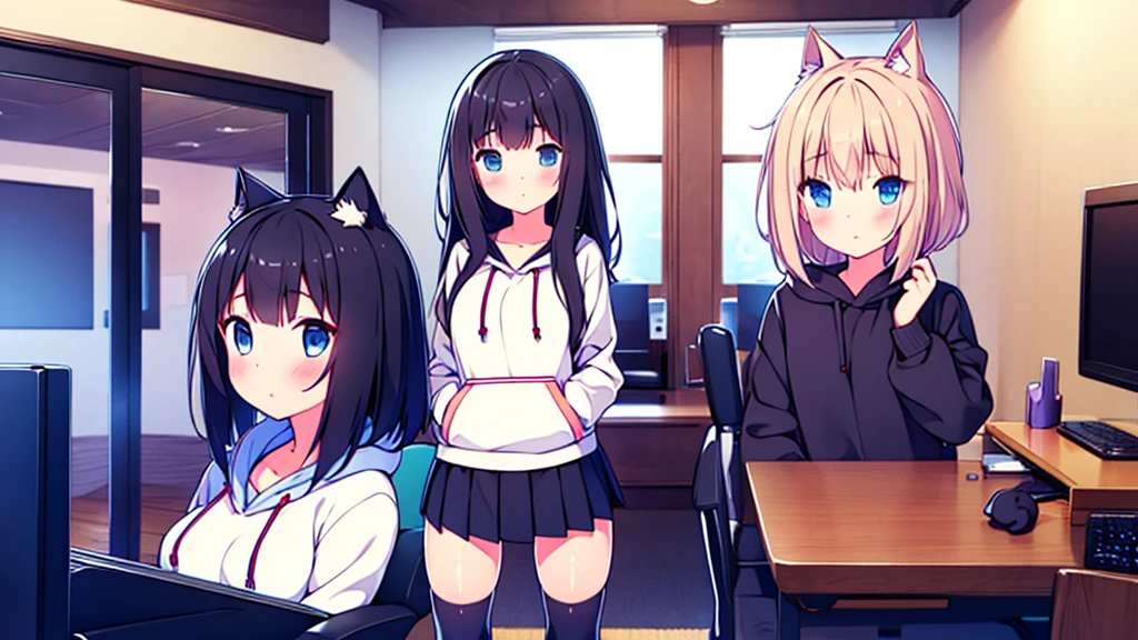 Girl long black hair blue eyes blush on face in PC gaming room Short pleated skirt long stockings cat hoodie great quality 8k very detailed image perfect anatomy full body