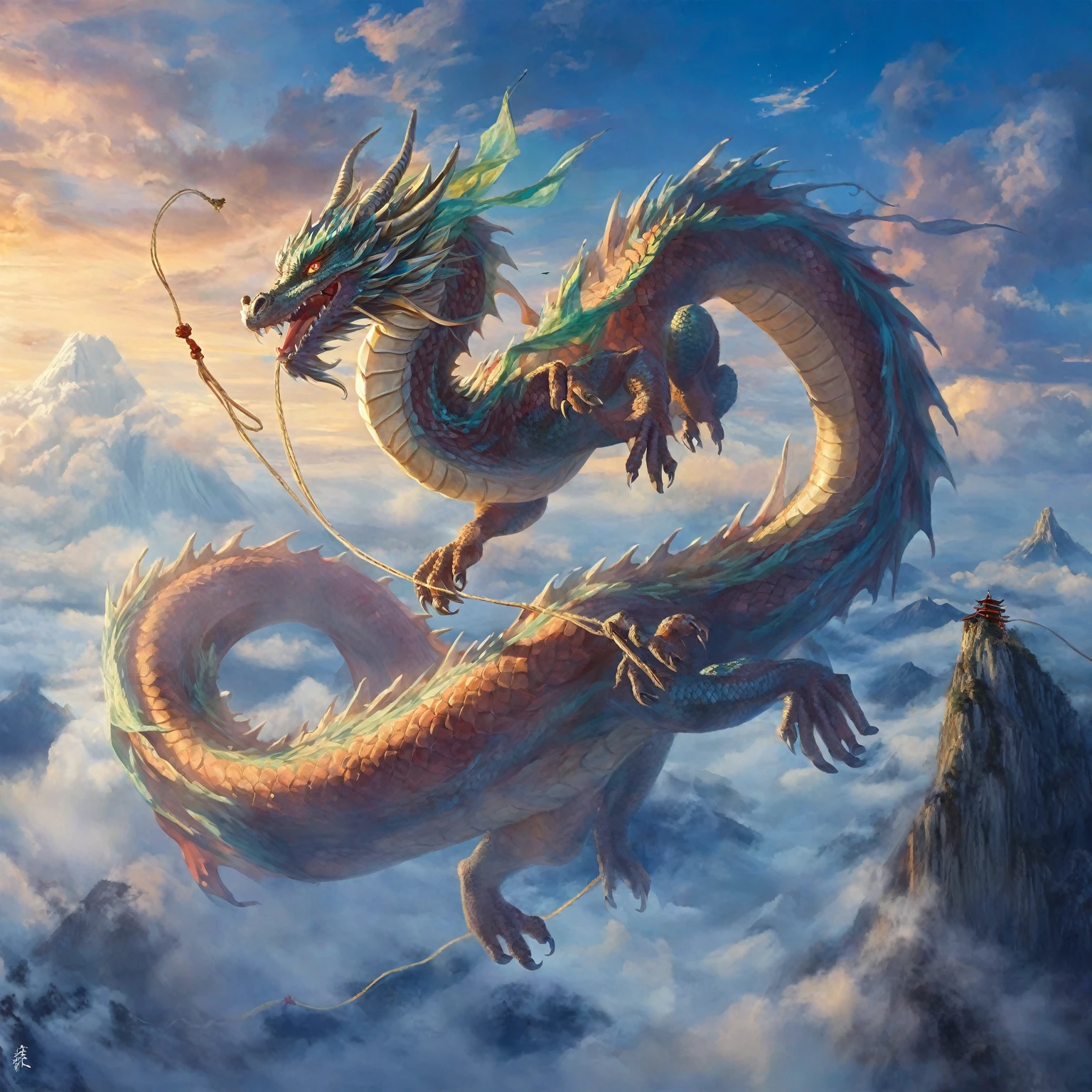 There is a dragon flying in the sky in the painting，A man is tied to a rope, dragon flying in the sky, dragon flying in the sky, Flying Dragon, giant dragon flying in the sky, dragons in the sky, Chinese dragon concept art, majestic japanese dragon, Yunlong, smooth Chinese dragon, dragon oil painting, cyan Chinese dragon fantasy, Chinese dragon