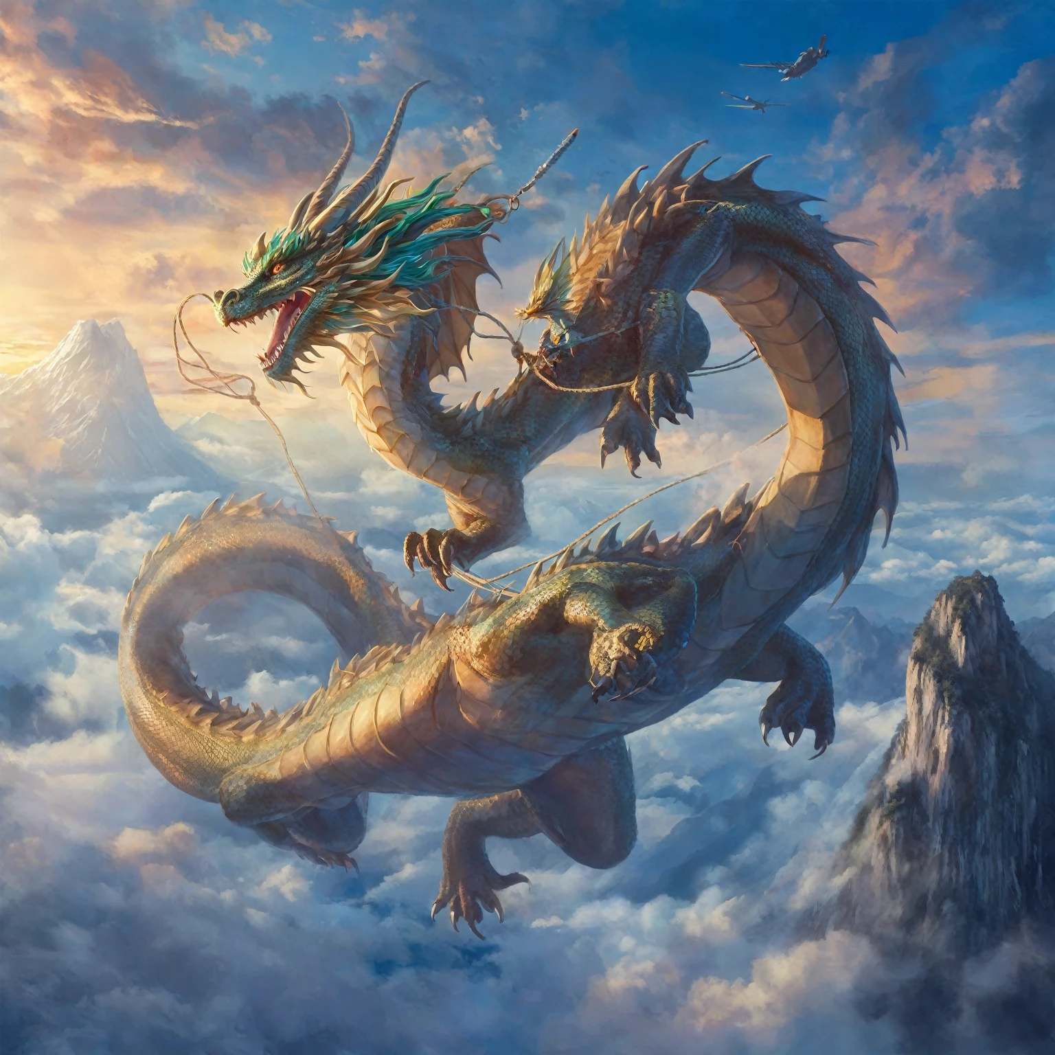 There is a dragon flying in the sky in the painting，A man is tied to a rope, dragon flying in the sky, dragon flying in the sky, Flying Dragon, giant dragon flying in the sky, dragons in the sky, Chinese dragon concept art, majestic japanese dragon, Yunlong, smooth Chinese dragon, dragon oil painting, cyan Chinese dragon fantasy, Chinese dragon