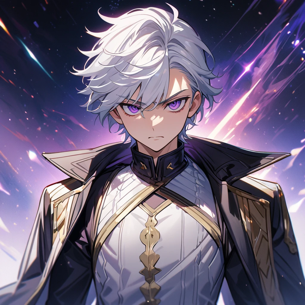High quality, HD, 4k, handsome male, 1male, , teenager, go lining, short white hair, sharp eyes, dark purple eyes, deep purple eyes, devil may cry, close up, calm expression, stoic expression, black leather clothes, white leather clothing, lean body, upper body, looking at viewer, cowboy shot, white solar, space background