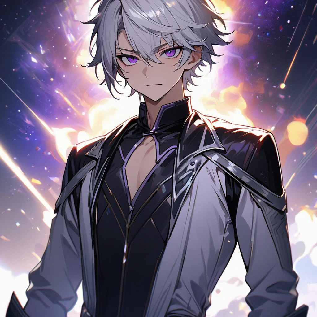 High quality, HD, 4k, handsome male, 1male, 17 years old, teenager, golden lining, short white hair, sharp eyes, dark purple eyes, deep purple eyes, devil may cry, close up, calm expression, stoic expression, black leather clothes, white leather clothing, lean body, upper body, looking at viewer, cowboy shot, white solar, space background