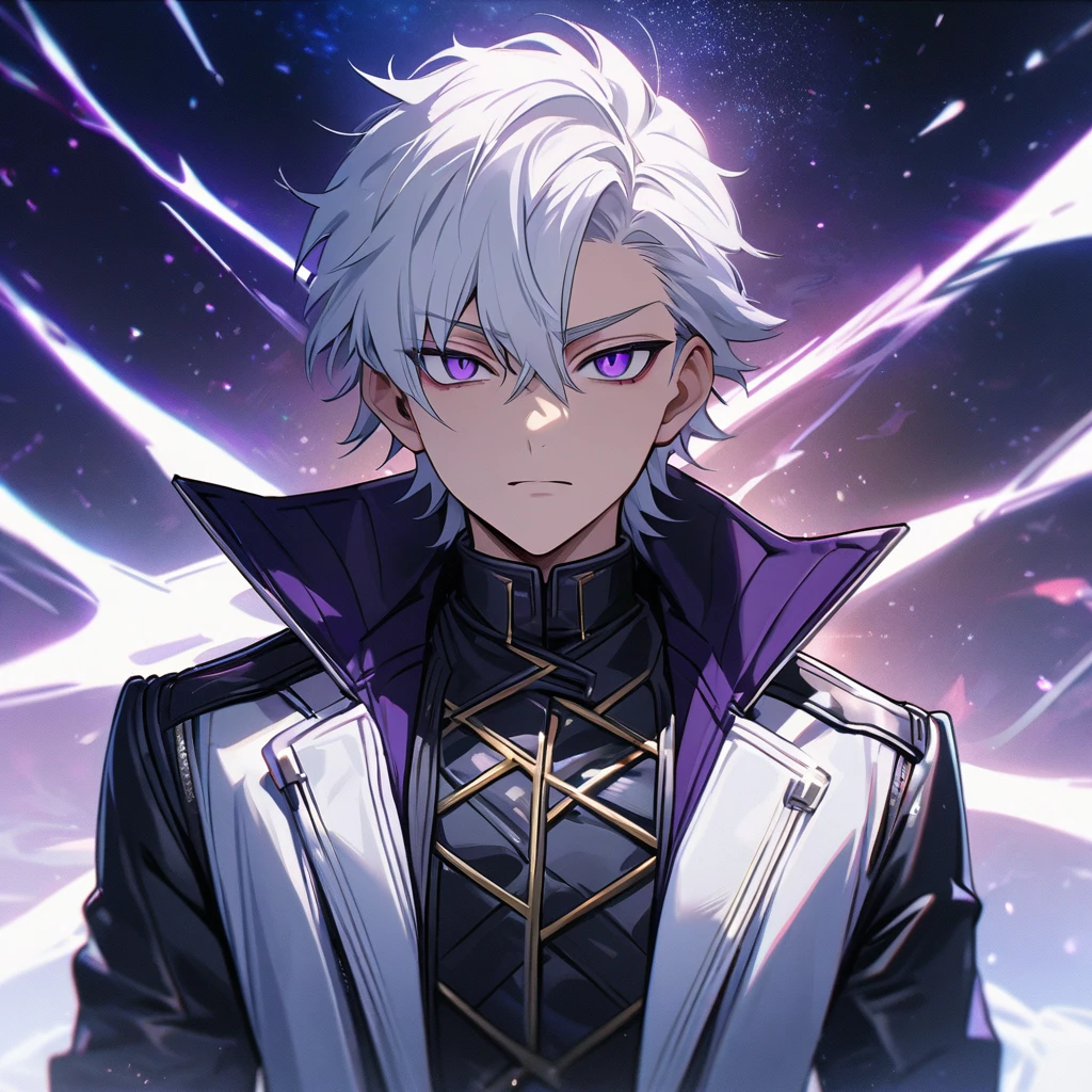 High quality, HD, 4k, handsome male, 1male, 17 years old, teenager, golden lining, short white hair, sharp eyes, dark purple eyes, deep purple eyes, devil may cry, close up, calm expression, stoic expression, black leather clothes, white leather clothing, lean body, upper body, looking at viewer, cowboy shot, white solar, space background