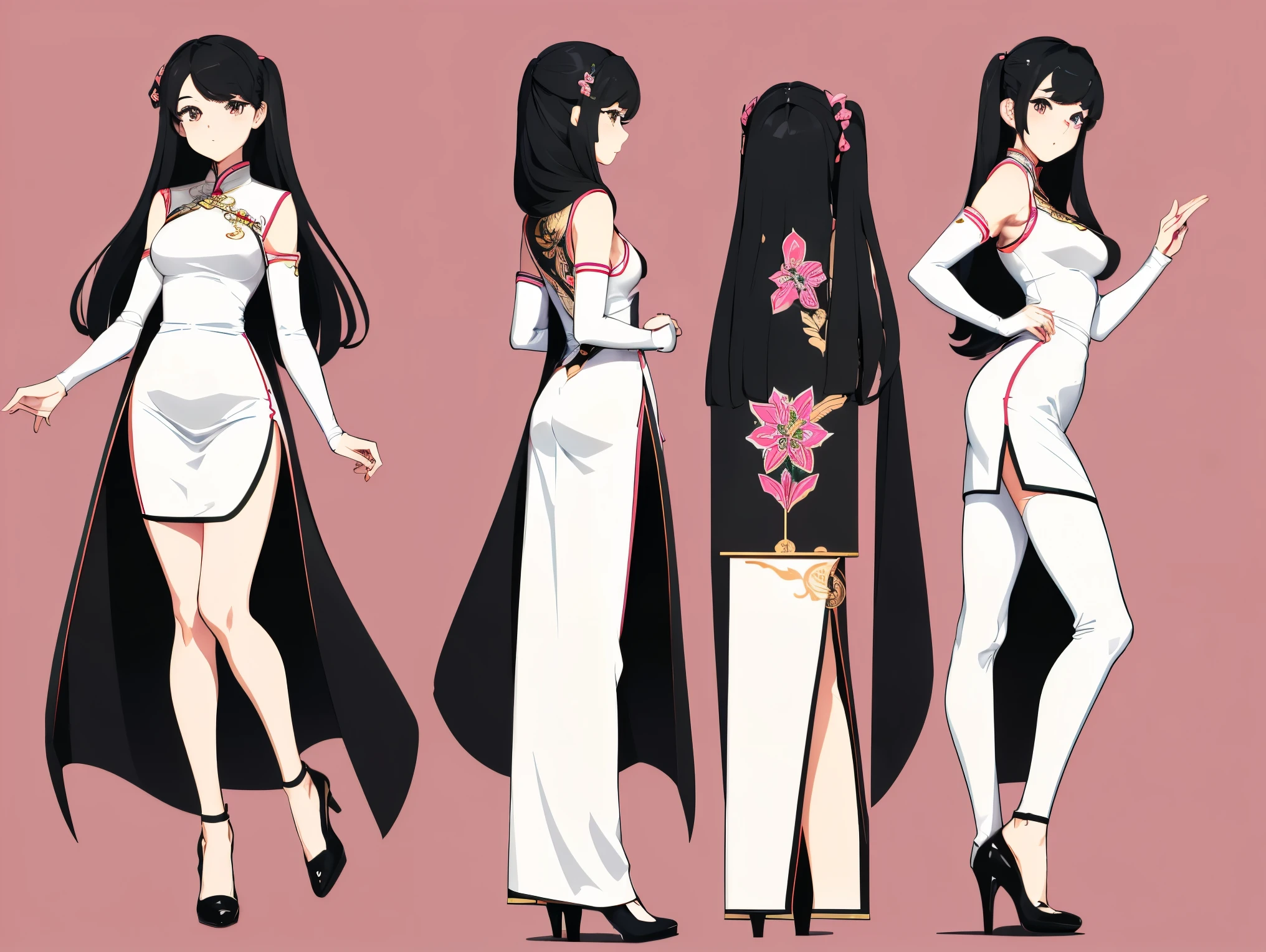 (Character Design Sheet, Same role, front, side, 在back)front展示动作，Character Map，front，back，Standing，Hands behind your back，Pink skinny cheongsam，Show your shoulders，Black long hair，High heel，The color of the plane， (Simple background, White background： 1.3)