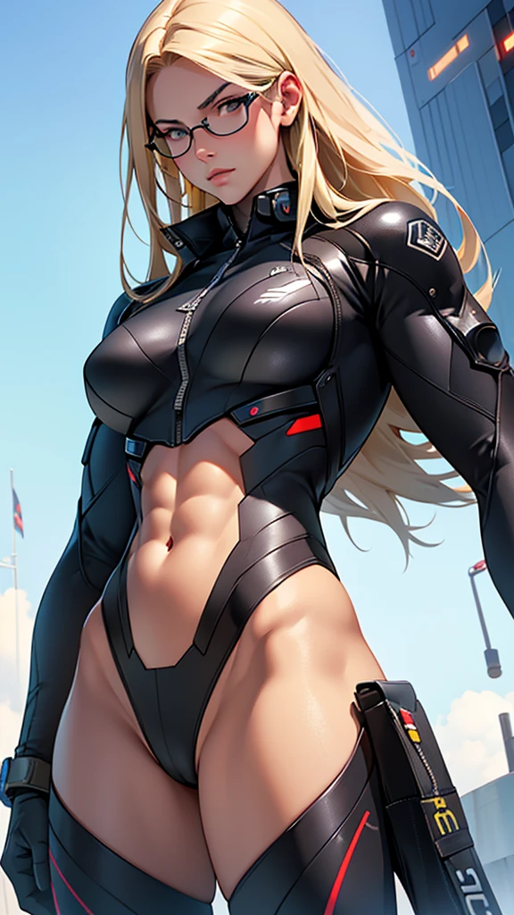 Beautiful cybernetic girl detailed muscles realistic masterpieces full figure pose (best quality,ultra-detailed), blonde straight hair, glasses, fair skin, fit body, slim figure, narrow waist, large buttocks, (cocky expression), black pilot suit, dynamic poses - auto