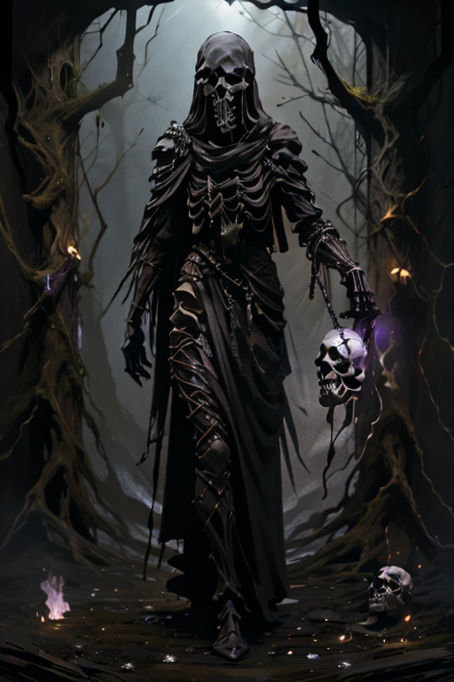 (full body:1.4).skeleton with purple lights in eye sockets.(realistic illustration:1.3),((dark fantasy:1.4)).((male)) ((black skull face:1.4)), ((Hooded)) (shadow) ((wraith)) in ((heavy obsidian armor)), tall, imposing, (glowing violet eyes:1.2), (cross pendant:1.3). brandishing black ((great sword)) in purple flames. masterpiece