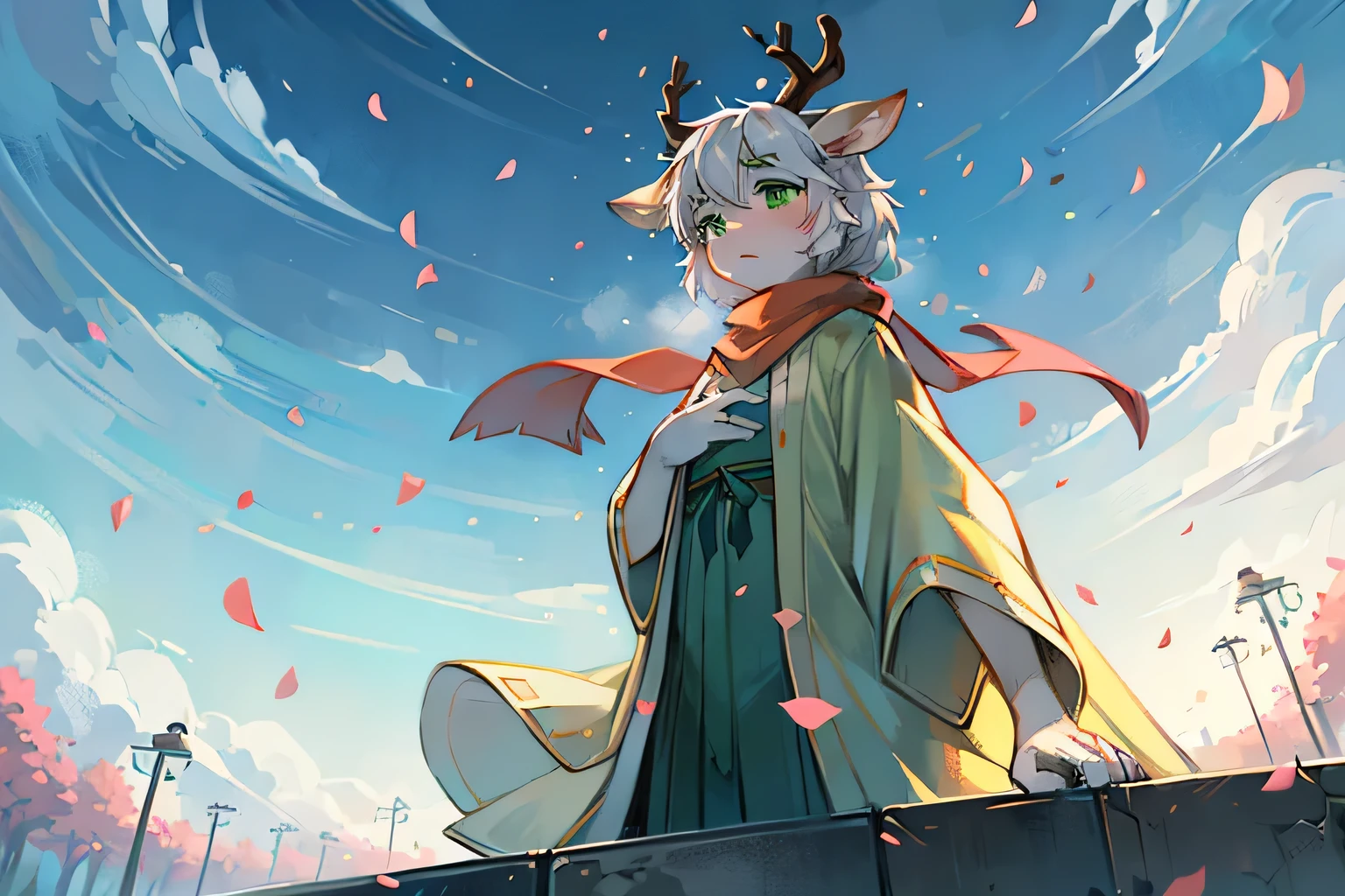 A white deer，Green Eyes，antlers，street，Falling petals，Pink petals，Light green robe，Flowing robe，blue sky，Sea，Bleak atmosphere，A sad look，Covering the chest，Orange scarf，scarf