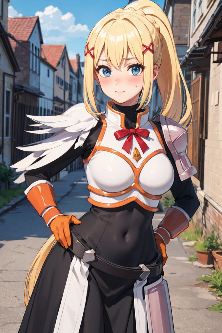 masterpiece, Highest image quality, ultra high resolution, blonde hair, long hair with pony tail, hair ornament, armor, knight, city background, medieval, village, old houses, hands on hips, facing the viewer, looking at the viewer, blushing, red face