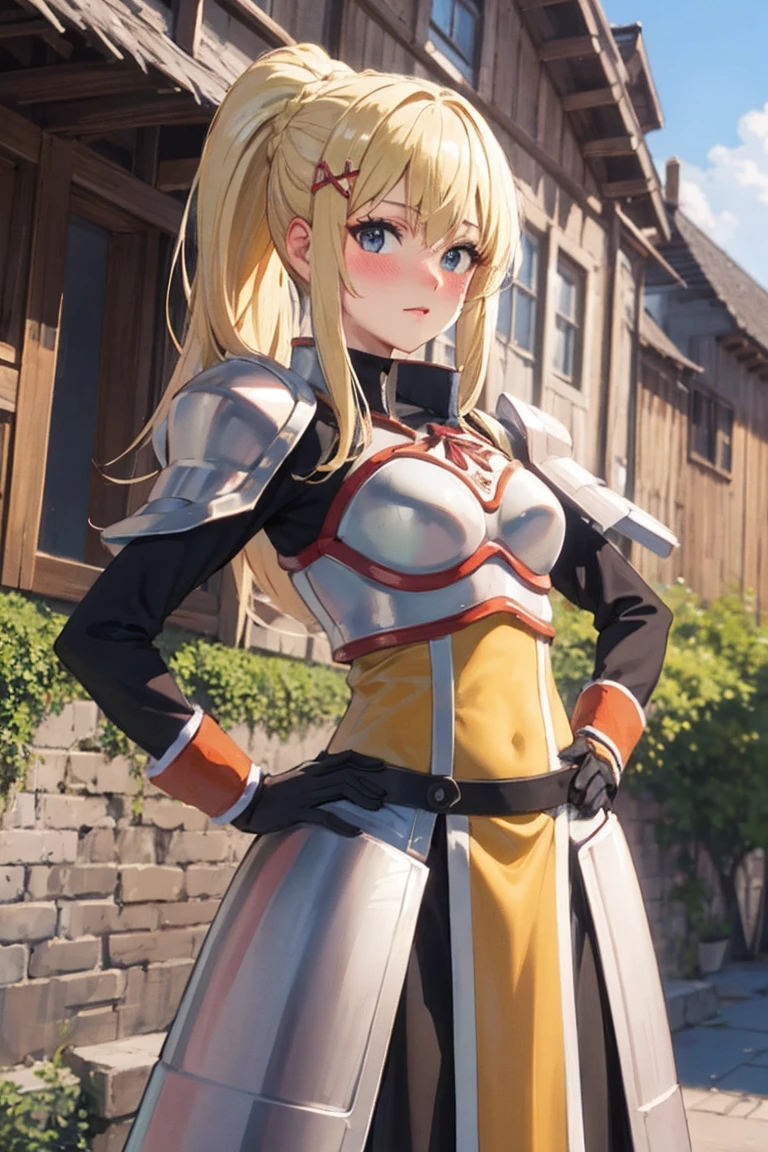 masterpiece, Highest image quality, ultra high resolution, blonde hair, long hair with pony tail, hair ornament, armor, knight, city background, medieval, village, old houses, hands on hips, facing the viewer, looking at the viewer, blushing, red face