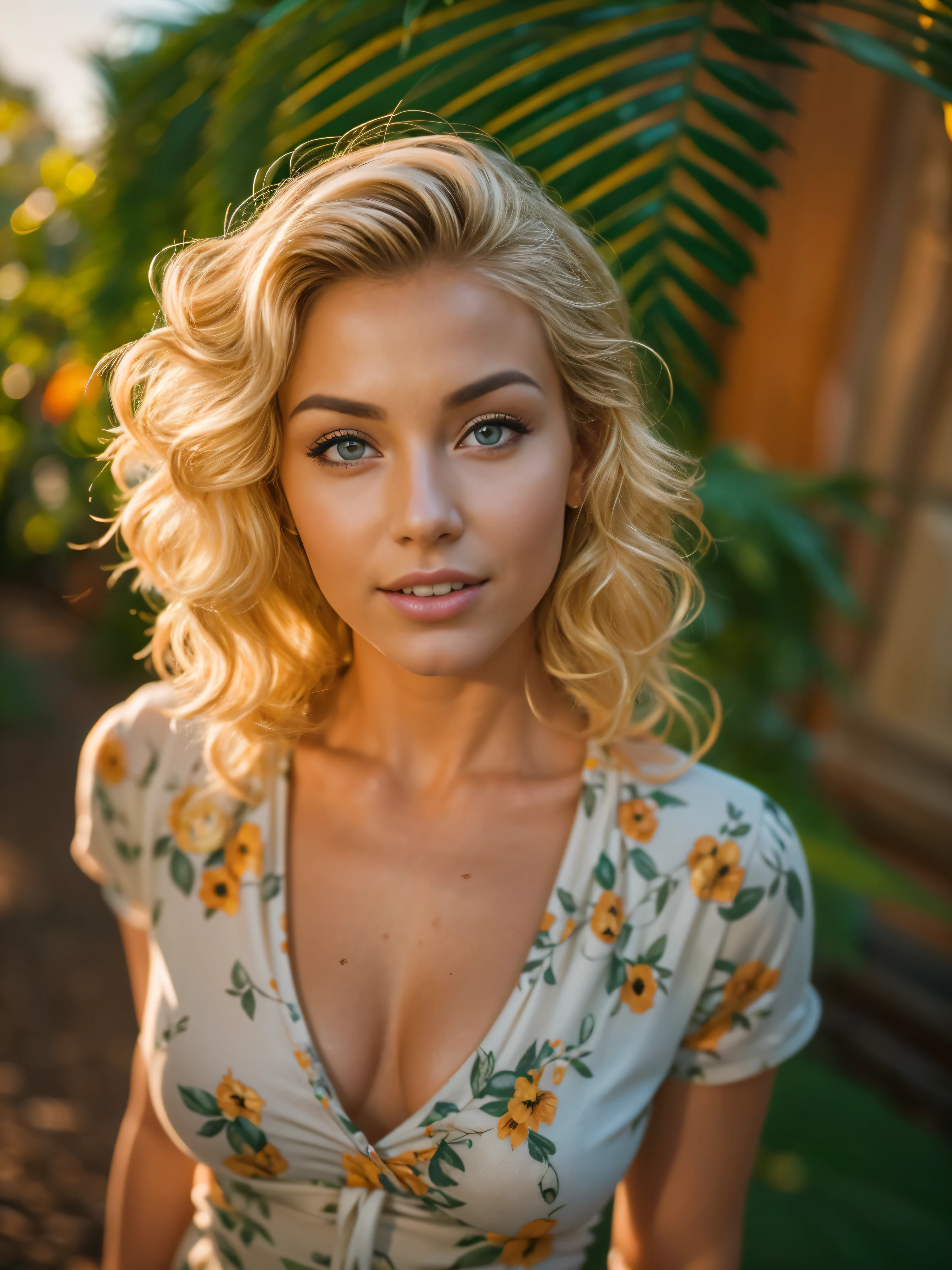 ((Fisheye 5mm lens, From above)). portrait of a gorgeous European blonde woman, 3, wavy hair.
she’s a playbzine model. She has a subtle smile and flirts with the camera.
(She is dressed like a 40’s pinup model.She's standing in a tropical garden
perfect eyes, perfect hands, perfect body, perfect hair, perfect breast, haird ear, blurry foreground, UHD, retina, masterpiece, accurate, anatomically correct, textured skin, super detail, high details, high quality, award winning, best quality, highres, 16k, 8k, backlight, Kodachrome. Golden hour. Bokeh