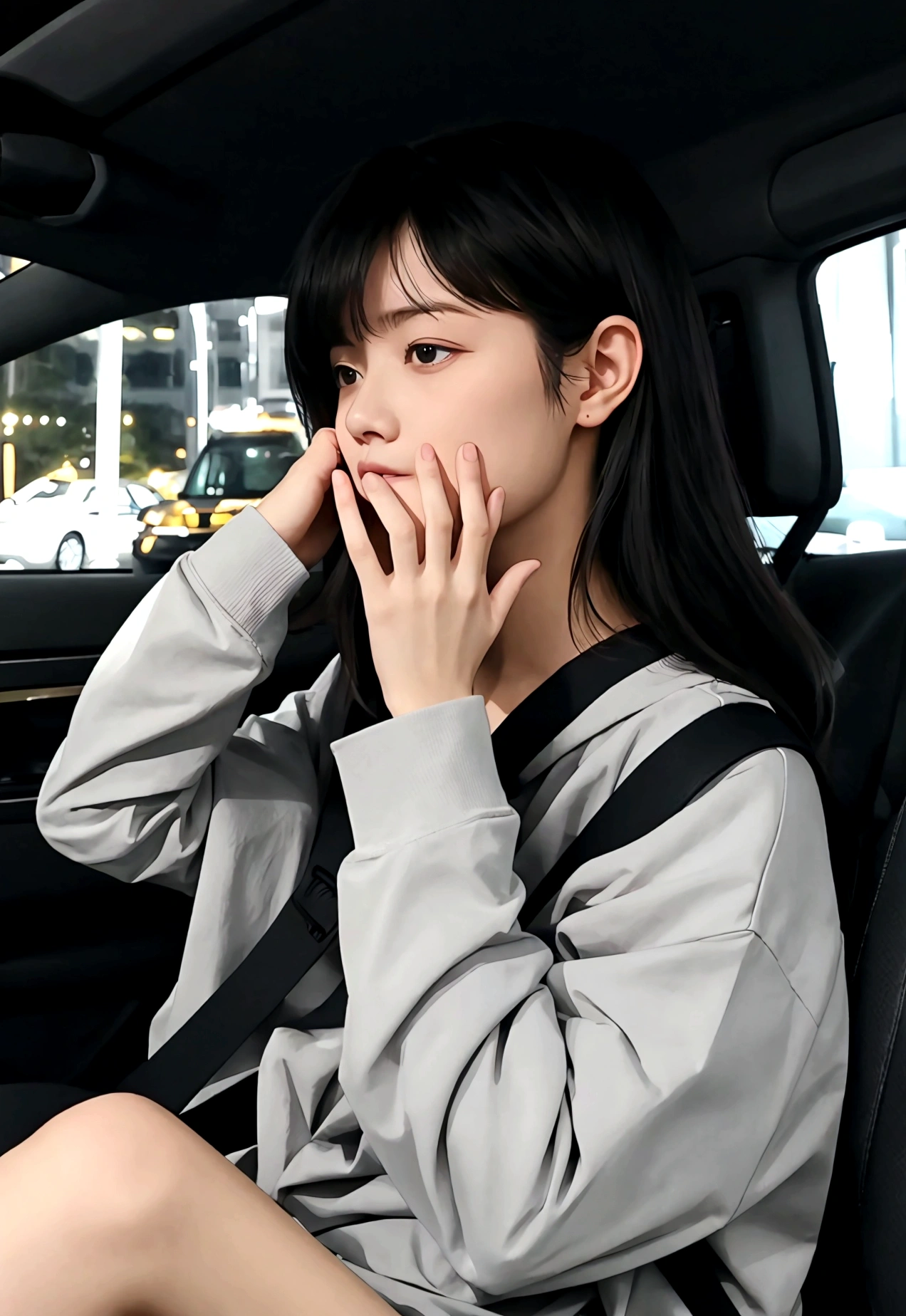 one,Sit in the car,hands covering face,at night