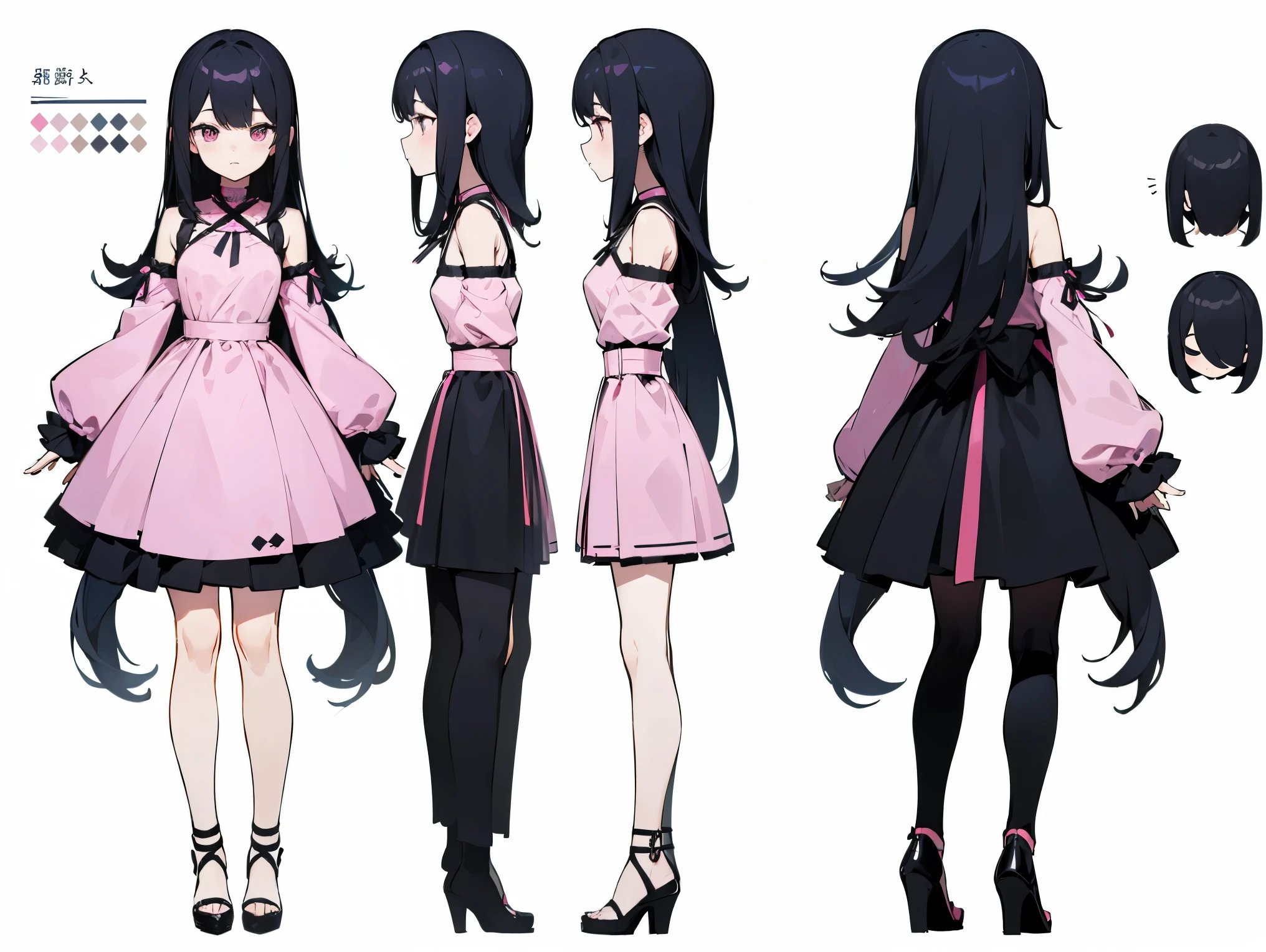  (Character Design Sheet, Same role, front, side, 在back)front展示动作，Character Map，front，back，Standing，Hands behind your back，Pink tight dress，Show your shoulders，Black long hair，High heel，The color of the plane， (Simple background, White background： 1.3)
