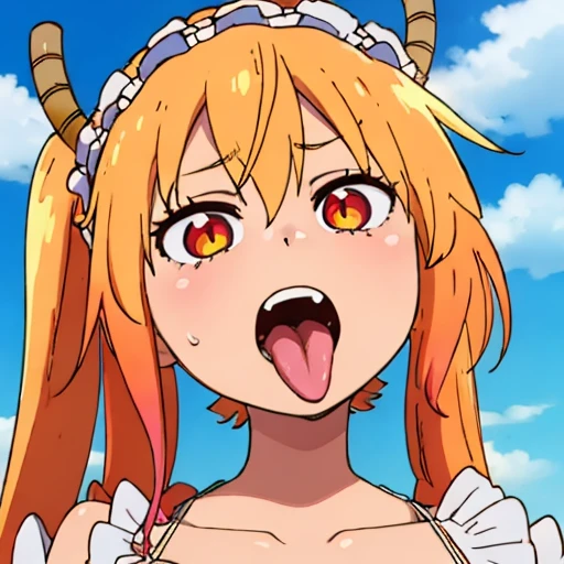 Tohru, ojos detallado, pechos grandes rebotando, cuerpo completo, pechos enormes y suaves, pezones ricos, Outfit_CowprintBikini, mouth open and tongue out SOLO