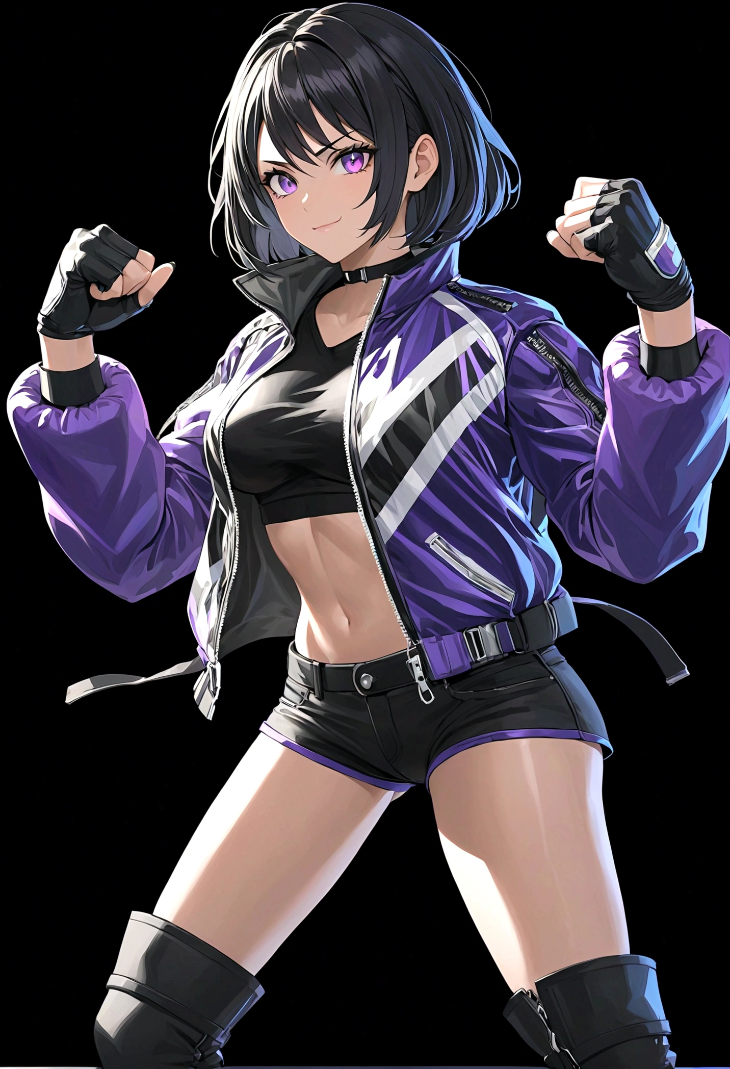 Tomboy girls, Sexy, Smart, Strong, muscular body, Tall Body, Short black hair, purple pupil eyes, black plain chokers, wear jacket, black Crop top, short black jeans, thick long black stocking, High black boots, fingerless black gloves, One hand pulls the edge of a glove to tighten it, while the other hand is already gloved and clenched into a fist. She expression is smile intimidate, eyes staring sharply ahead, indicating readiness to fight, black background, Tekken Art Style, Anime art style.
