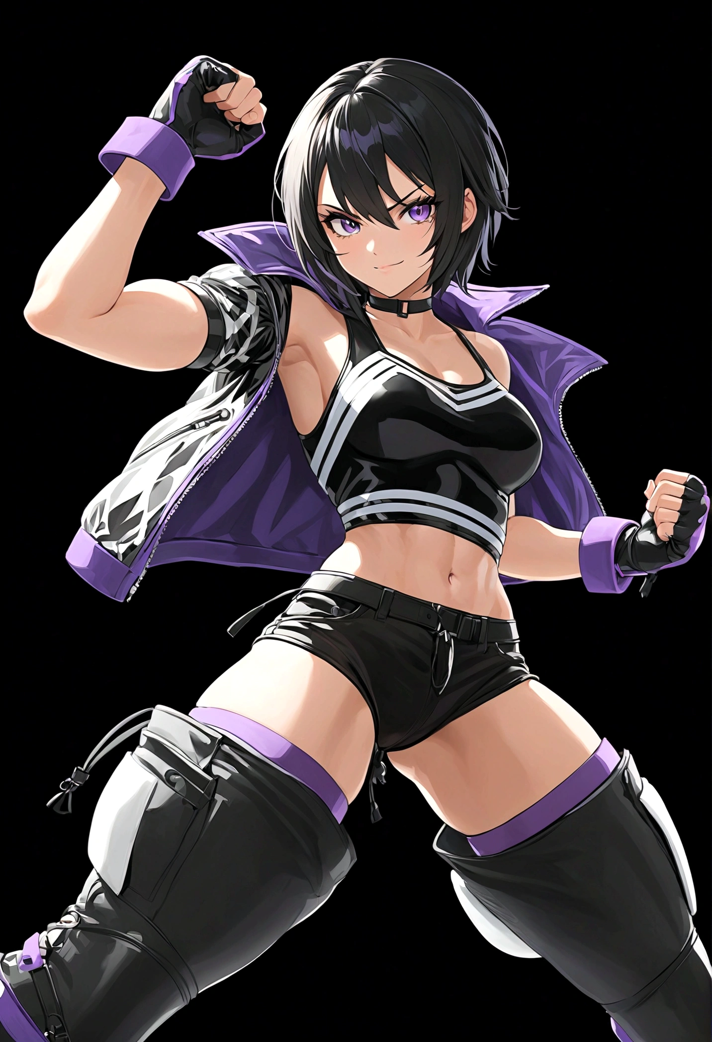 Tomboy girls, alone, Sexy, Smart, Strong, muscular body, Tall Body, medium breast, Short black hair, purple pupil eyes, black plain chokers, wear jacket, black Crop top, short black jeans, thick long black stocking, High black boots, fingerless black gloves, One hand pulls the edge of a glove to tighten it, while the other hand is already gloved and clenched into a fist. She expression is smile intimidate, eyes staring sharply ahead, indicating readiness to fight, black background, Tekken Art Style, Anime art style.