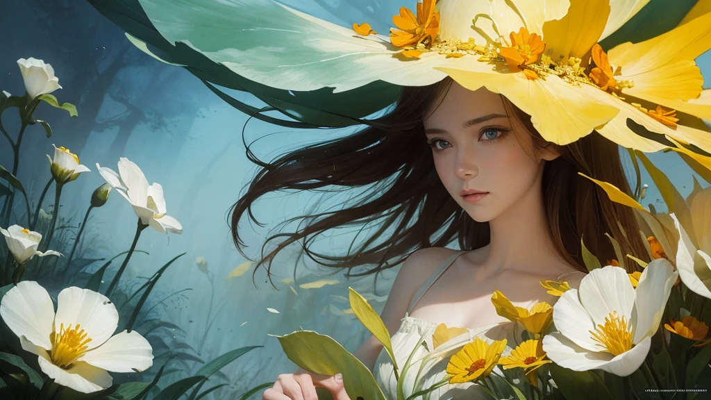 32k, Masterpiece, highest quality, One girl, Detailed eyes, flower,Sandersonia, Yellow and white style,A dreamy, romantic piece,Pale orange, Mysterious Leaves,A playful arrangement,Fantasy,High Contrast,Ink strokes,explosion,Exposure, Impression of yellow and white tones,Abstract,((Watercolours by John Berkey and Jeremy Mann )) Brush strokes,Negative Space, Tyndall effect,