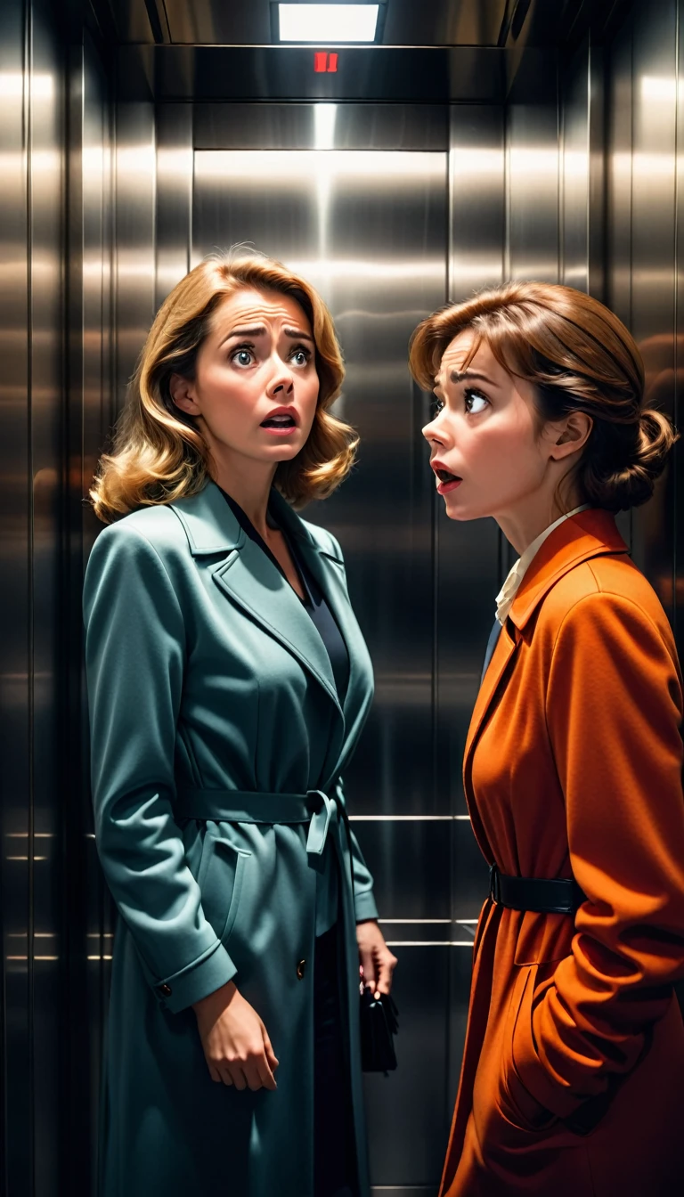A frightened woman looks at a translucent man in an elevator