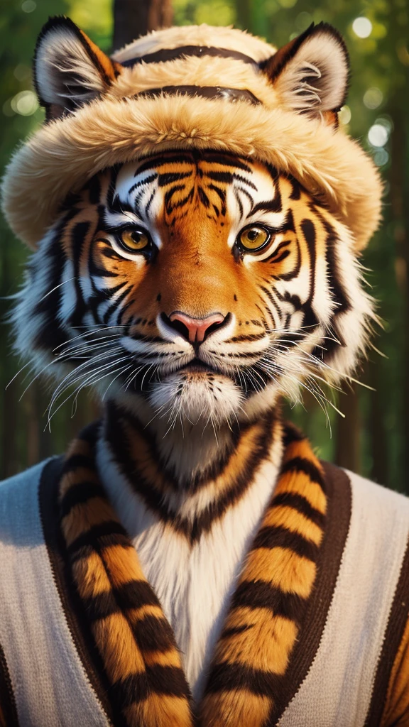 highest quality, High resolution, Super detailed, Realistic, Tiger in a hat, Anthropomorphic Tiger, Detailed faces and expressions, Cute monkey with human features, Realistic textures, The specifics of fur and hats, Vibrant colors, Whimsical art style, Outdoor installation, Natural light