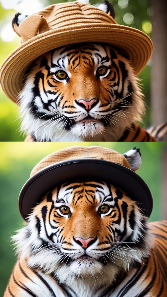 highest quality, High resolution, Super detailed, Realistic, Tiger in a hat, Anthropomorphic Tiger, Detailed faces and expressions, Cute monkey with human features, Realistic textures, The specifics of fur and hats, Vibrant colors, Whimsical art style, Outdoor installation, Natural light