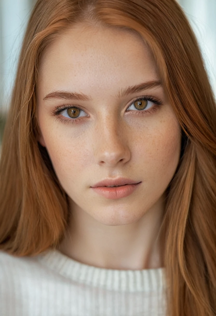 close-up portrait, pretty girl, long hair, copper hair, hazel eyes, white skin color, age 18, 8k photo quality, as realistic as possible, in a living room