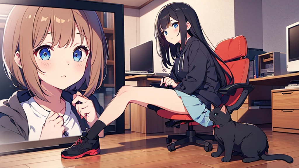Girl long black hair blue eyes blush on face in PC gaming room Short pleated skirt long stockings cat hoodie great quality 8k very detailed image perfect anatomy full body