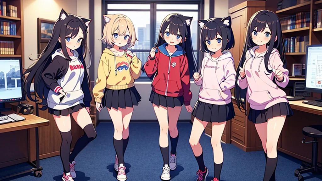 Girl long black hair blue eyes blush on face in PC gaming room Short pleated skirt long stockings cat hoodie great quality 8k very detailed image perfect anatomy full body