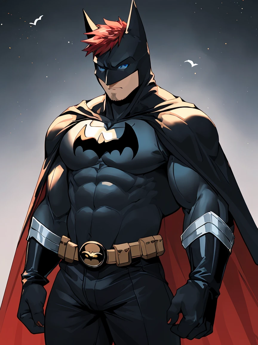 masterpiece, best quality, 8k resolution, Very detailed, hairy,Husky,(Red Hair),(((Red fur))),(((Blue eyes))),Strong,Domineering face,(((Wearing Batman's suit))),(((Holding coffee)),(((For the audience))),Highest quality scene,(((Solitary))),solitary,Upright,full-body shot,Doubtful,((In the office)),((Sunlight)),((Shiny fur)),((Face-to-face)),(((Eyes on me)))