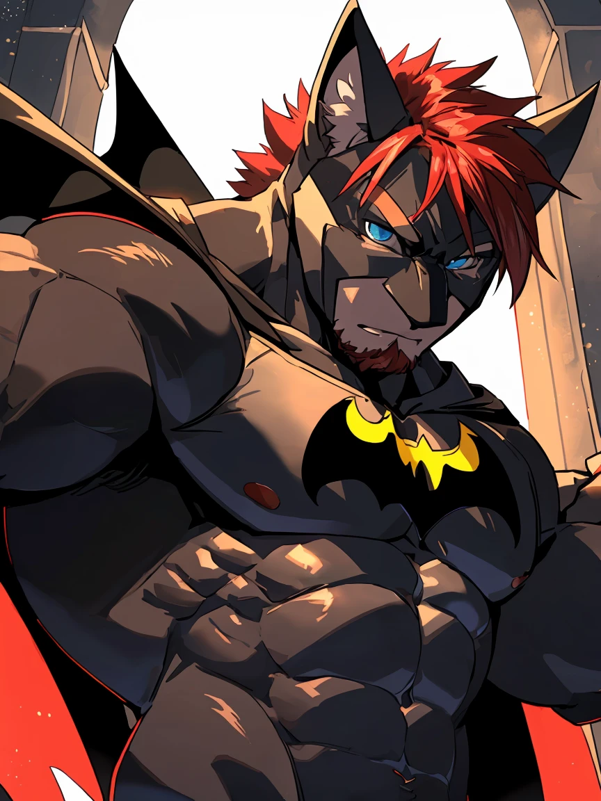 masterpiece, best quality, 8k resolution, Very detailed, hairy,Husky,(Red Hair),(((Red fur))),(((Blue eyes))),Strong,Domineering face,(((Wearing Batman's suit))),(((Holding coffee)),(((For the audience))),Highest quality scene,(((Solitary))),solitary,Upright,full-body shot,Doubtful,((In the office)),((Sunlight)),((Shiny fur)),((Face-to-face)),(((Eyes on me)))