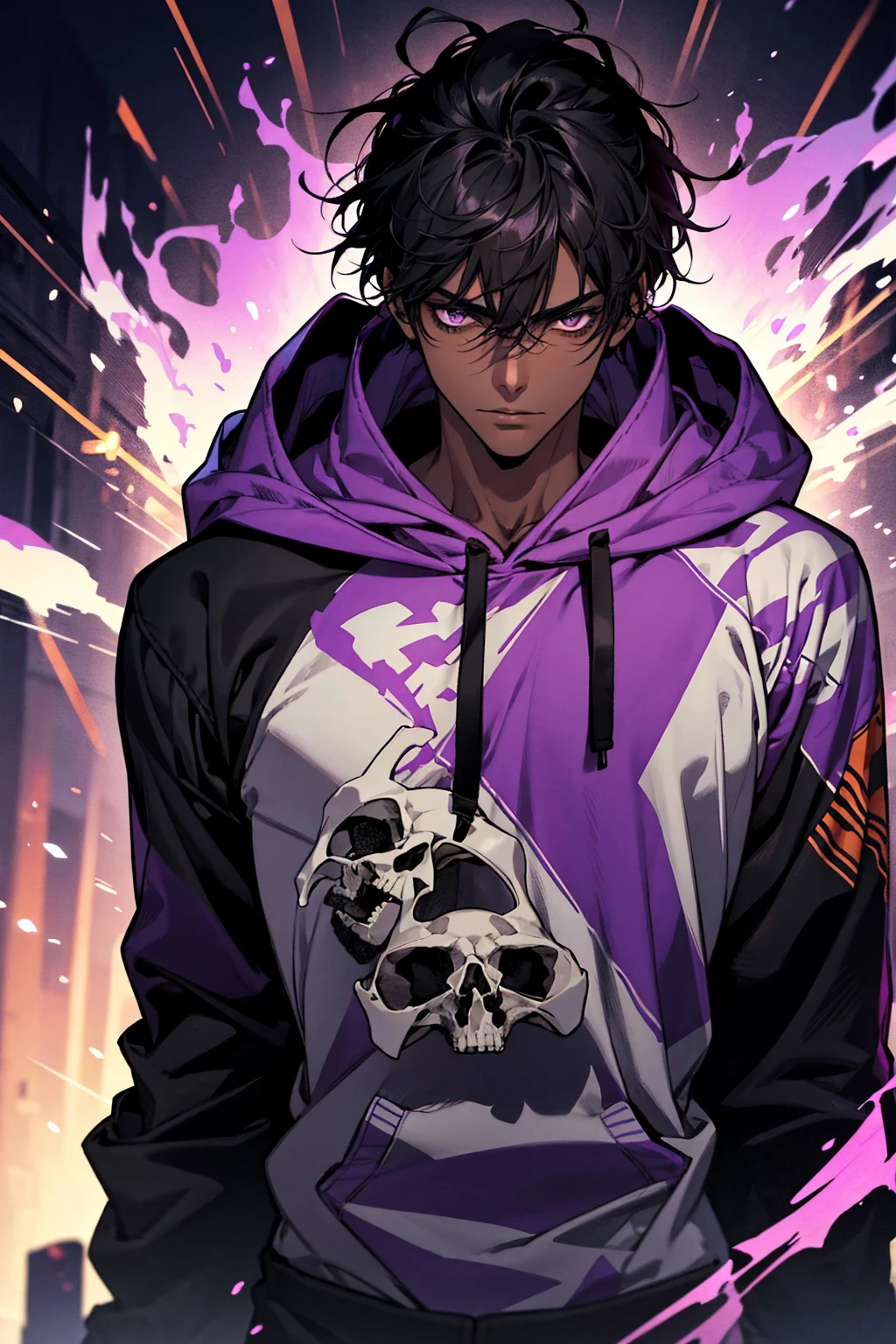 male with bones, looking away from camera, skulls, bones, handsome, black, dark skin, tall, broad shoulders, black hair, purple, purple fire, magic, detailed face, fantasy, hoodie
